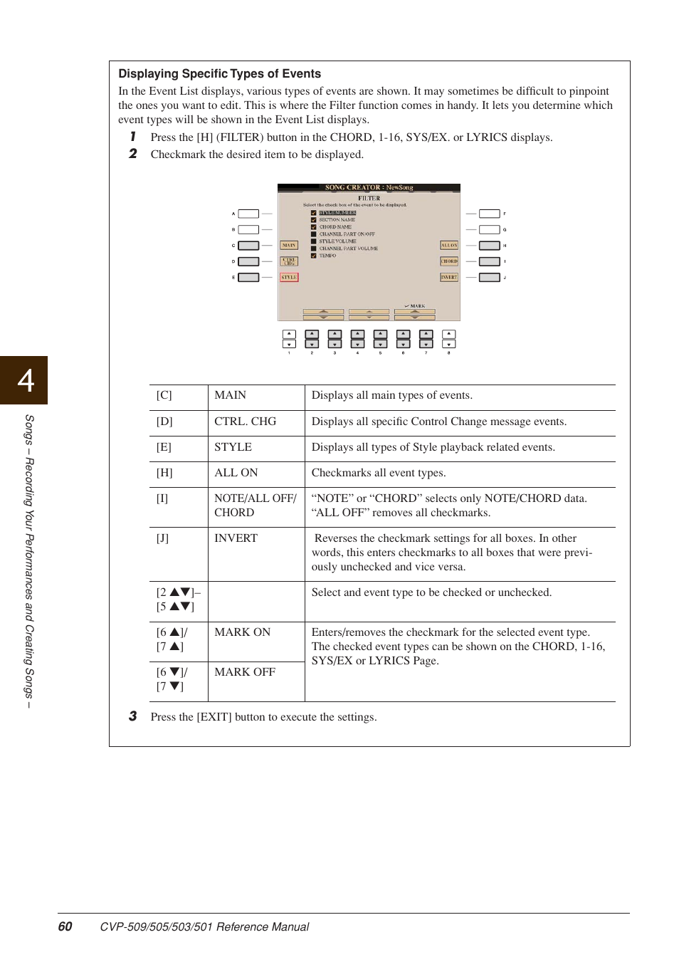 Calls up the filter display | Yamaha CLAVINOVA CVP-509 User Manual | Page 60 / 104