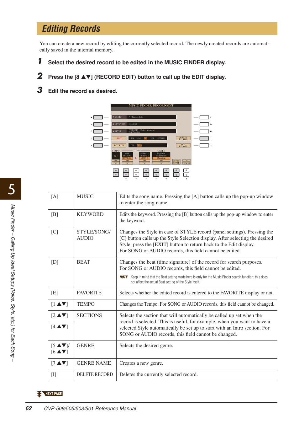 Editing records | Yamaha CLAVINOVA CVP-509 User Manual | Page 62 / 104