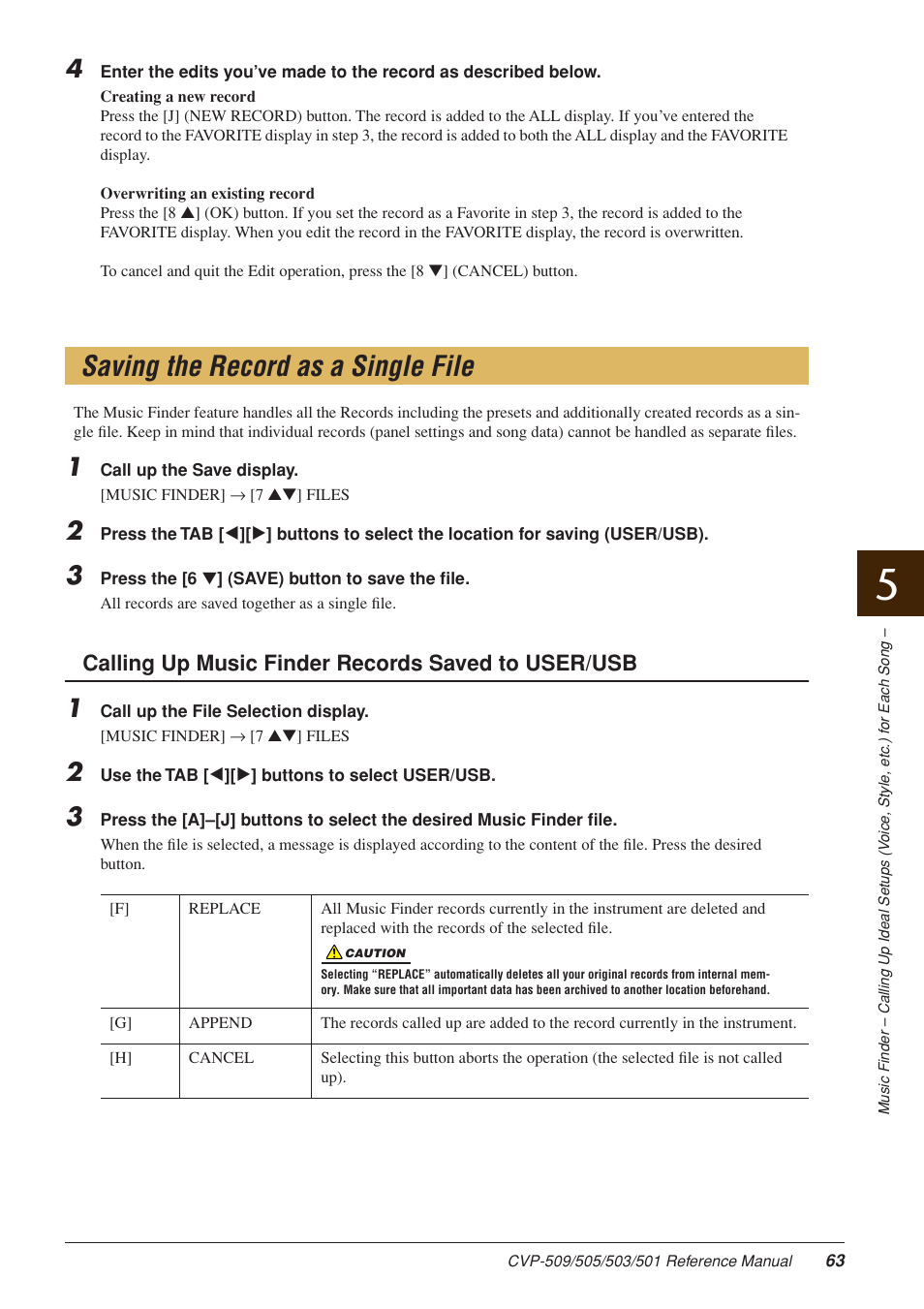 Saving the record as a single file, Calling up music finder records saved to user/usb | Yamaha CLAVINOVA CVP-509 User Manual | Page 63 / 104