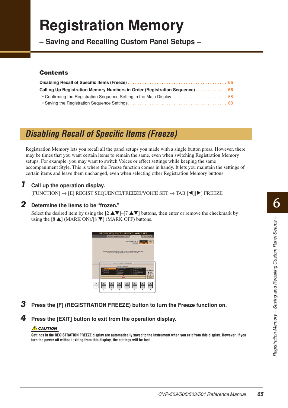 Disabling recall of specific items (freeze), Registration memory, Saving and recalling custom panel setups | Yamaha CLAVINOVA CVP-509 User Manual | Page 65 / 104