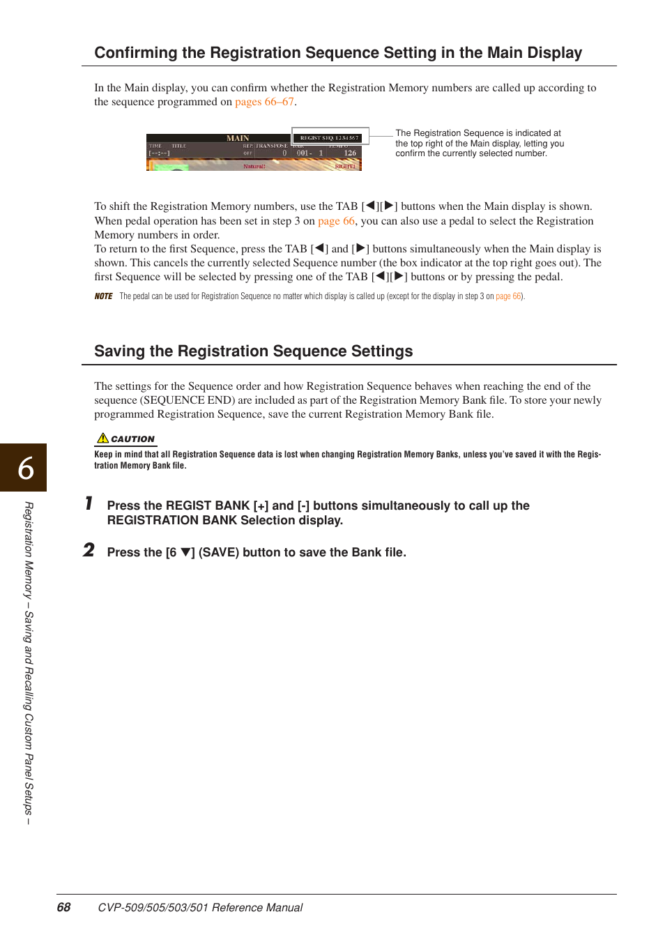 Saving the registration sequence settings | Yamaha CLAVINOVA CVP-509 User Manual | Page 68 / 104