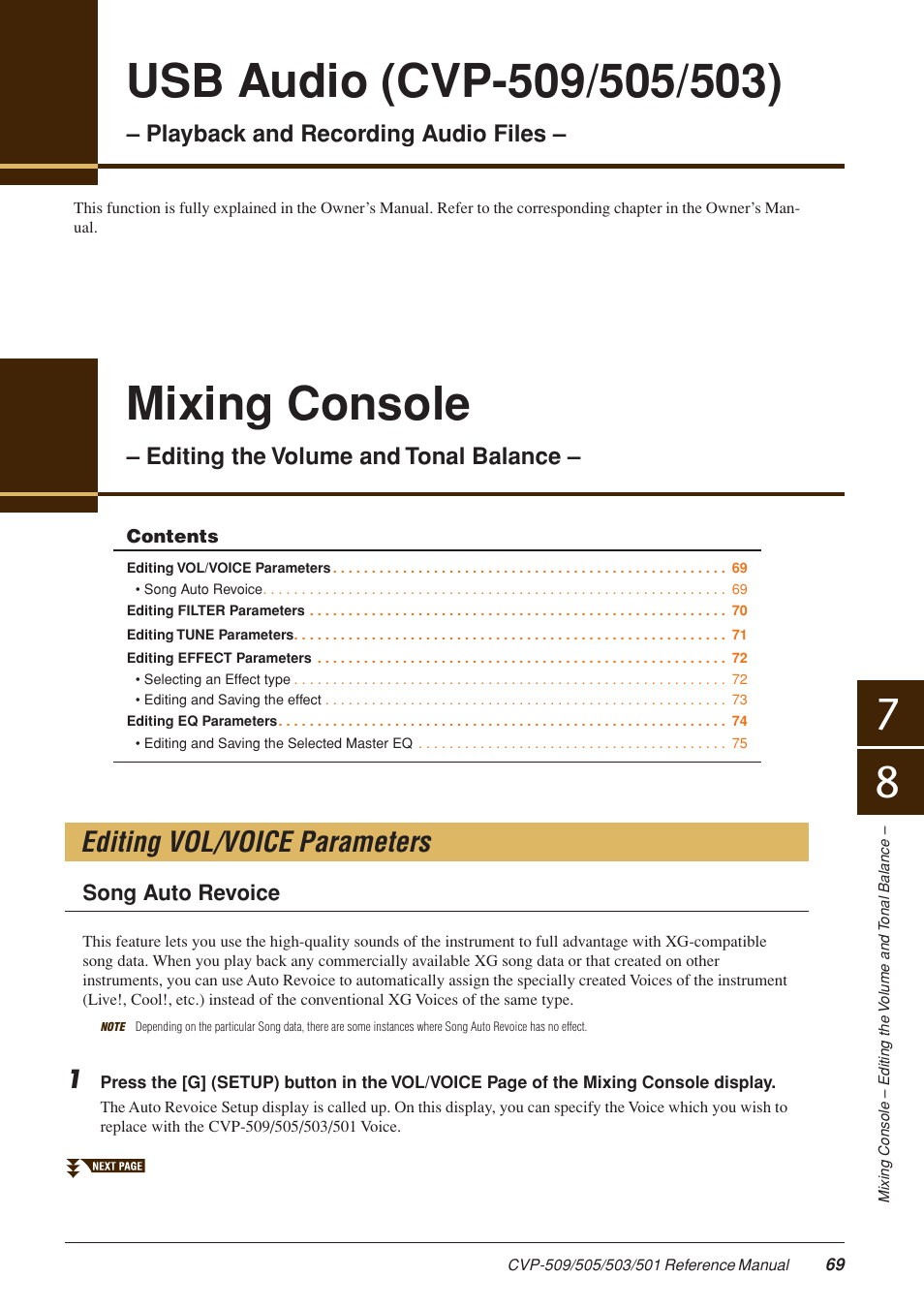 Editing vol/voice parameters, Usb audio (cvp-509/505/503), Mixing console | Playback and recording audio files, Editing the volume and tonal balance | Yamaha CLAVINOVA CVP-509 User Manual | Page 69 / 104