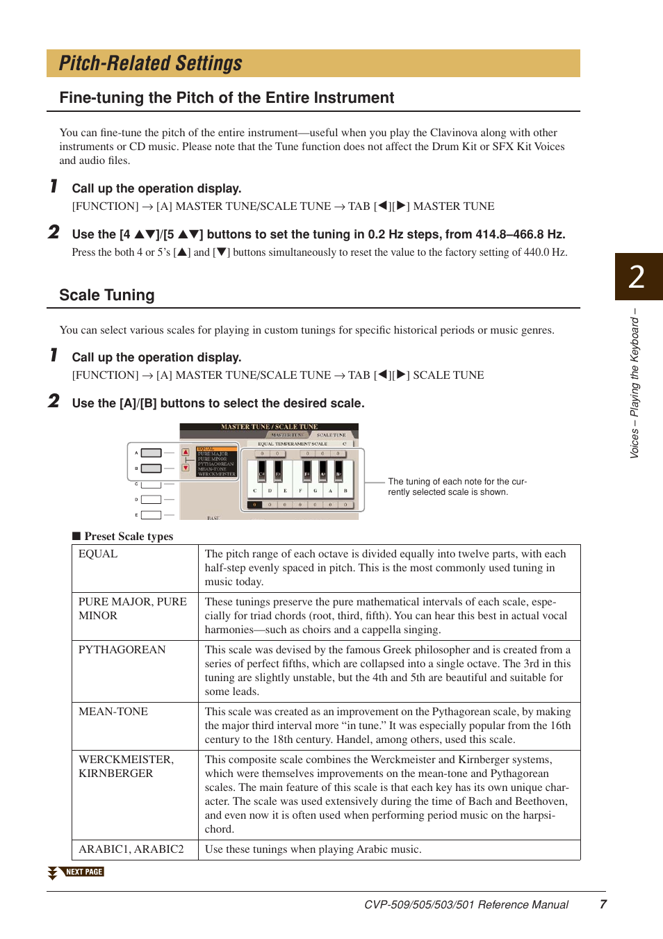 Pitch-related settings, Fine-tuning the pitch of the entire instrument, Scale tuning | Yamaha CLAVINOVA CVP-509 User Manual | Page 7 / 104