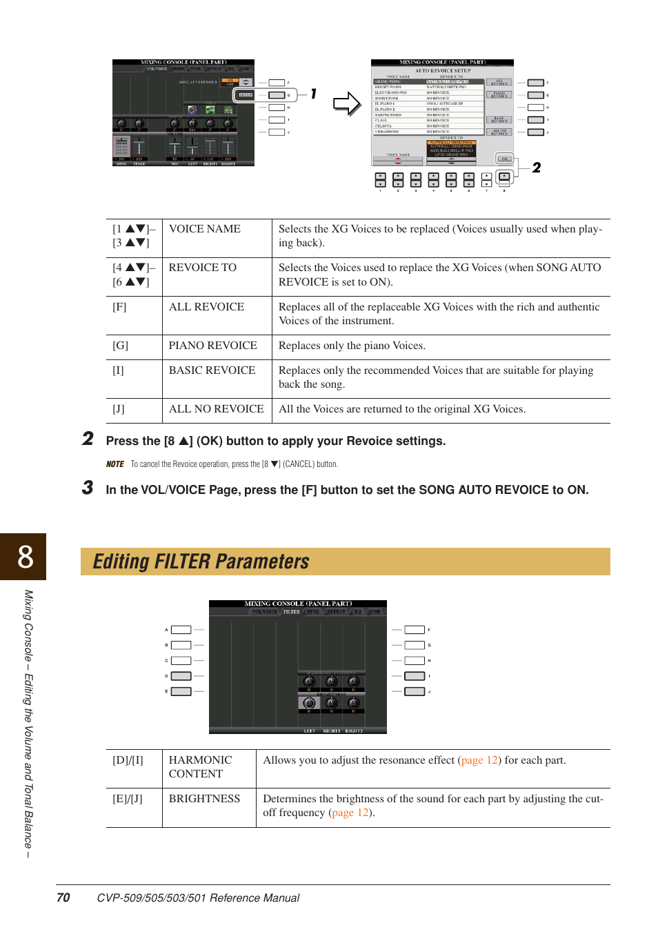 Editing filter parameters | Yamaha CLAVINOVA CVP-509 User Manual | Page 70 / 104