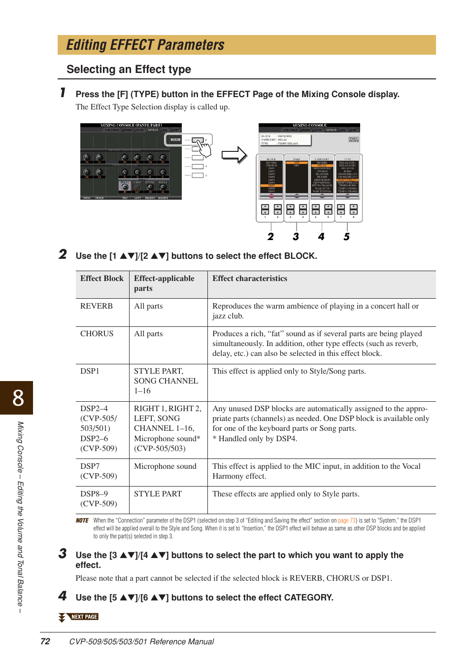 Editing effect parameters, Selecting an effect type | Yamaha CLAVINOVA CVP-509 User Manual | Page 72 / 104