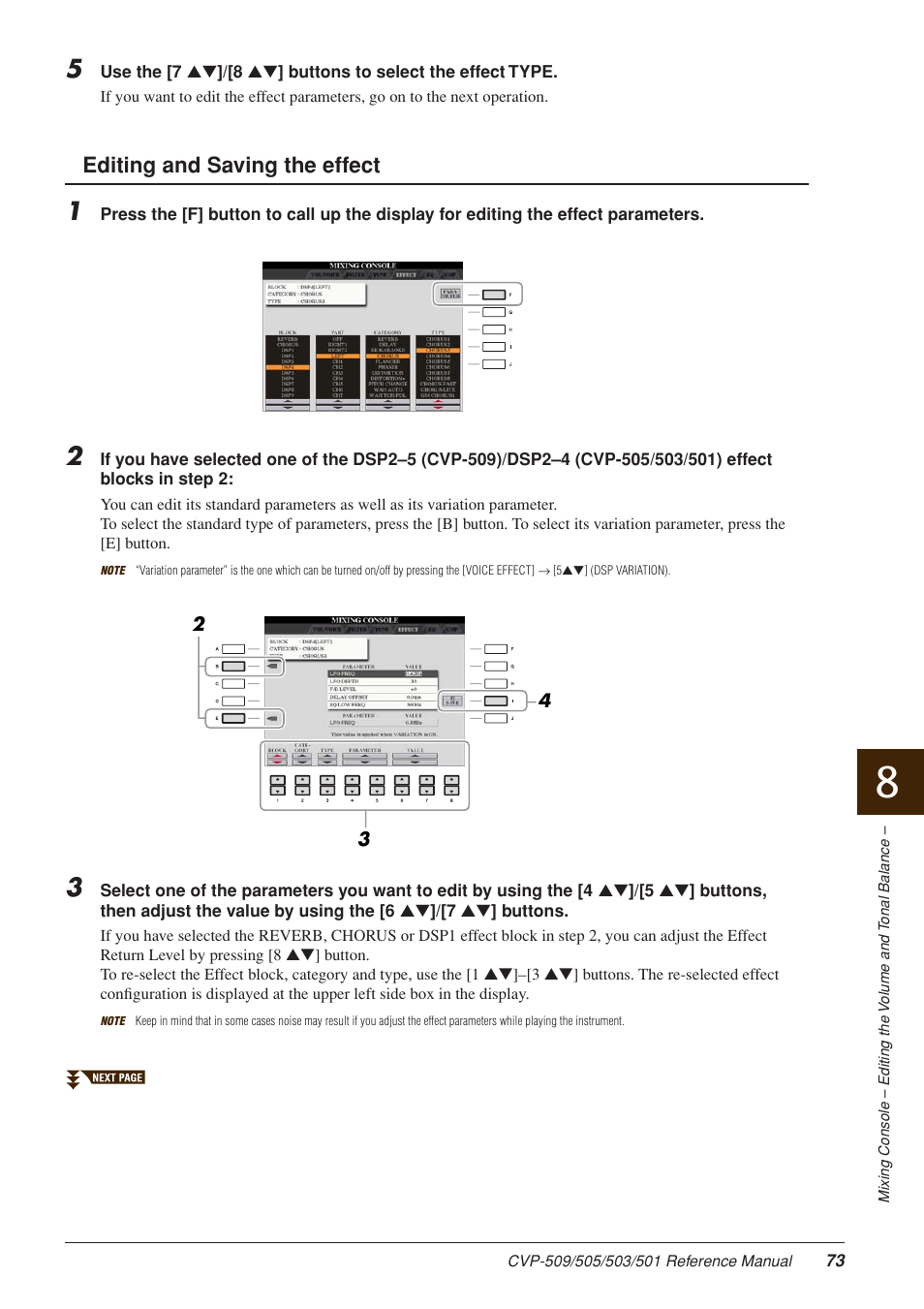 Editing and saving the effect | Yamaha CLAVINOVA CVP-509 User Manual | Page 73 / 104