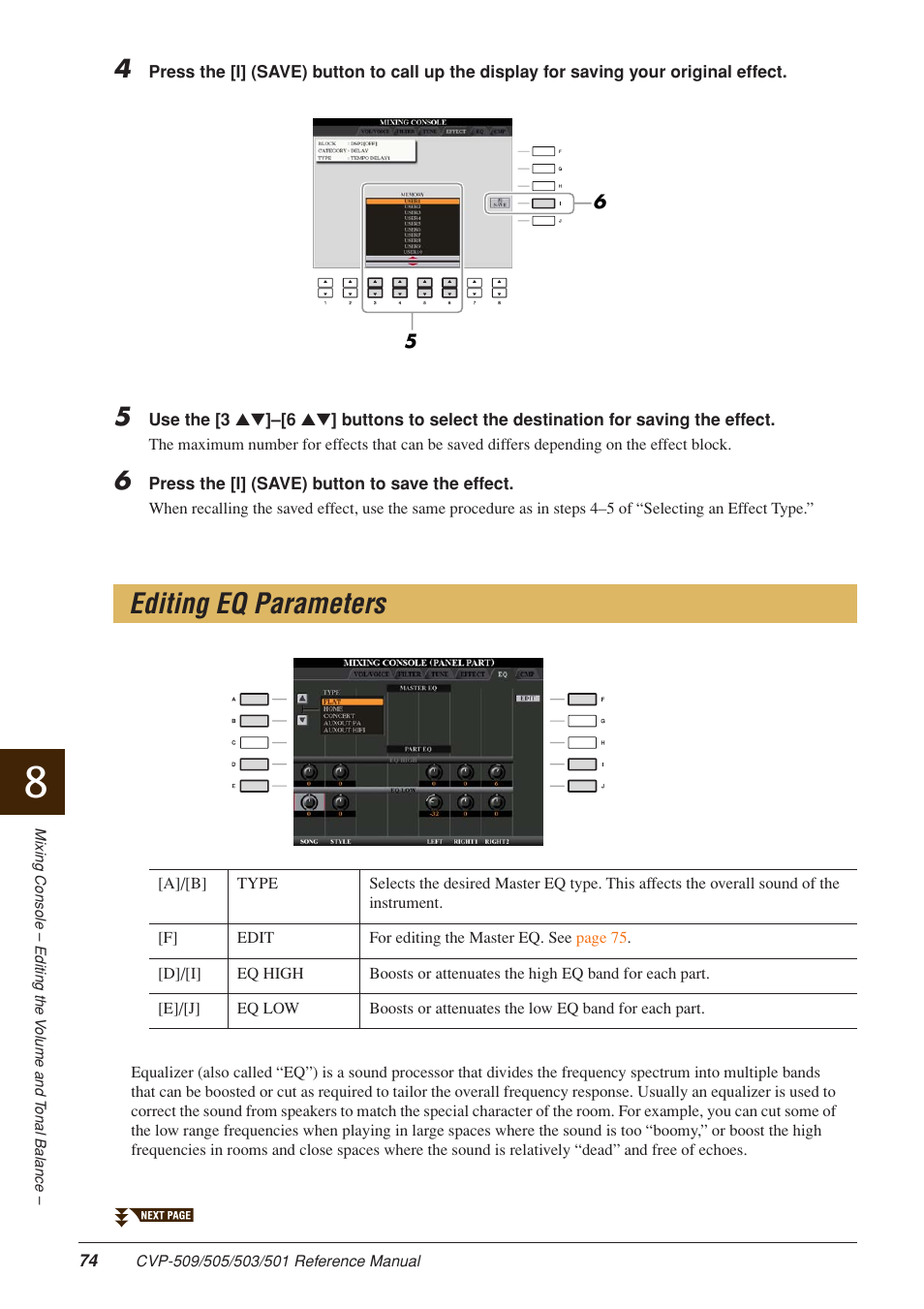 Editing eq parameters | Yamaha CLAVINOVA CVP-509 User Manual | Page 74 / 104