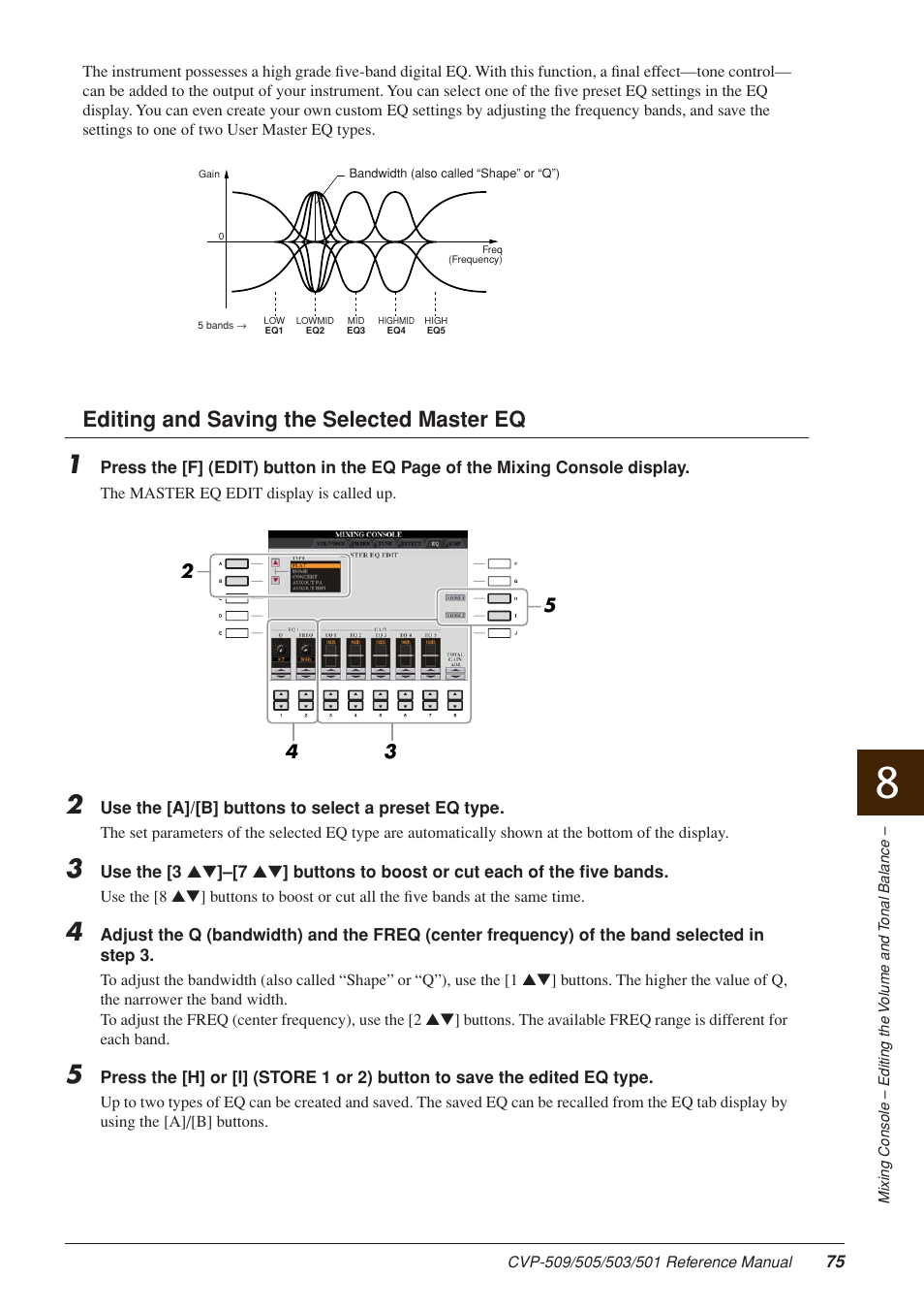 Editing and saving the selected master eq | Yamaha CLAVINOVA CVP-509 User Manual | Page 75 / 104