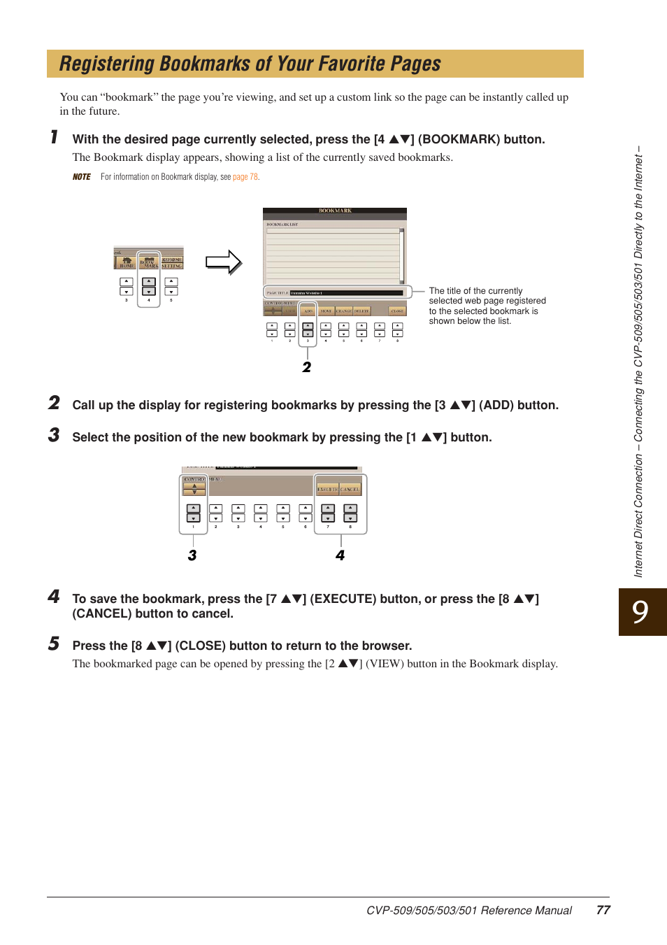 Registering bookmarks of your favorite pages | Yamaha CLAVINOVA CVP-509 User Manual | Page 77 / 104