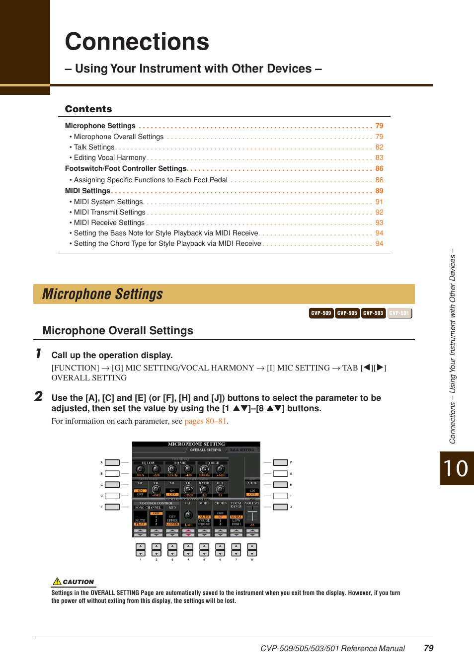 Microphone settings, Connections, Using your instrument with other devices | Microphone overall settings | Yamaha CLAVINOVA CVP-509 User Manual | Page 79 / 104