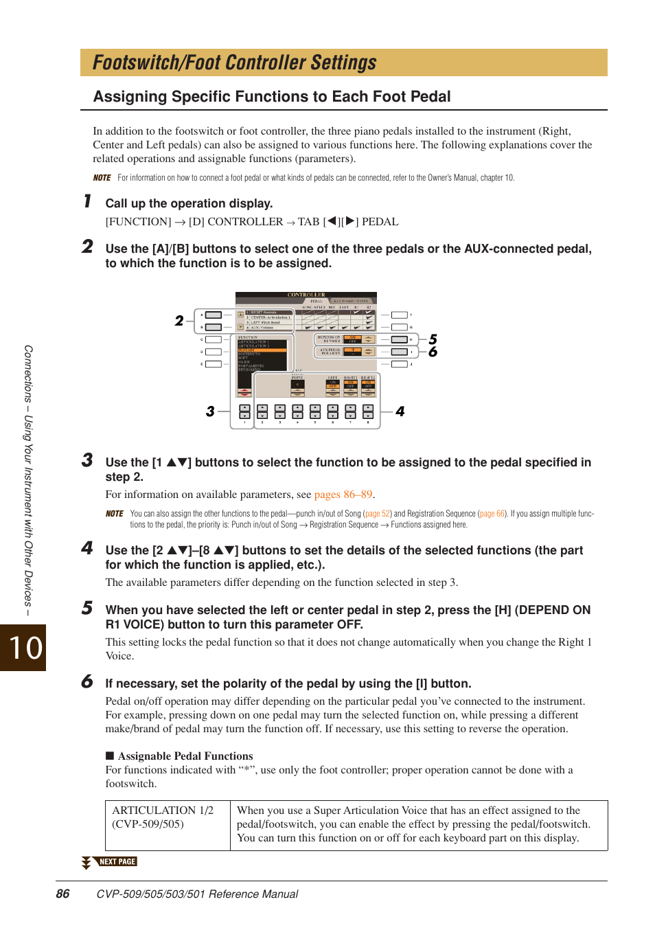 Footswitch/foot controller settings, Or details, see, Assigning specific functions to each foot pedal | Yamaha CLAVINOVA CVP-509 User Manual | Page 86 / 104