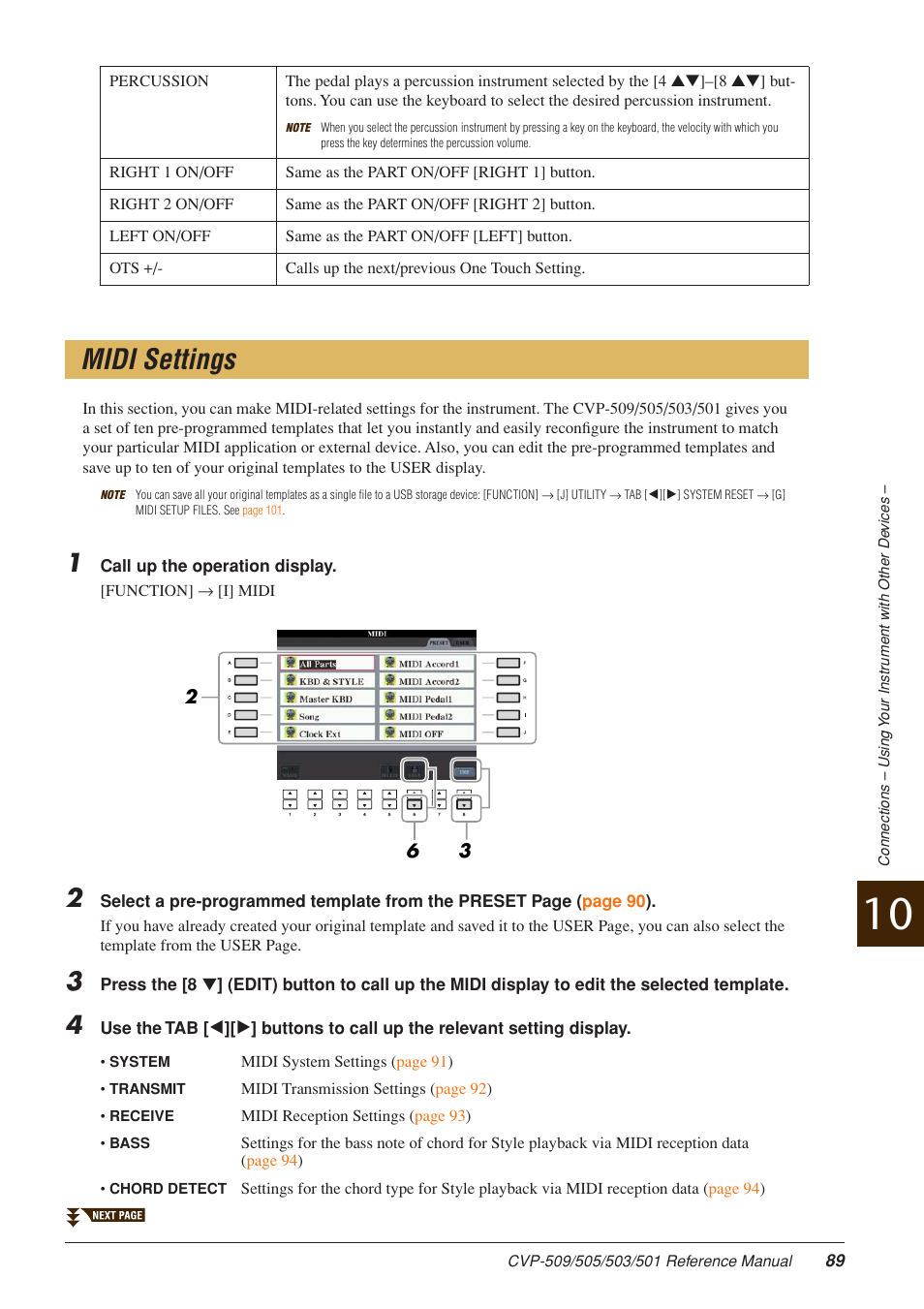 Midi settings | Yamaha CLAVINOVA CVP-509 User Manual | Page 89 / 104
