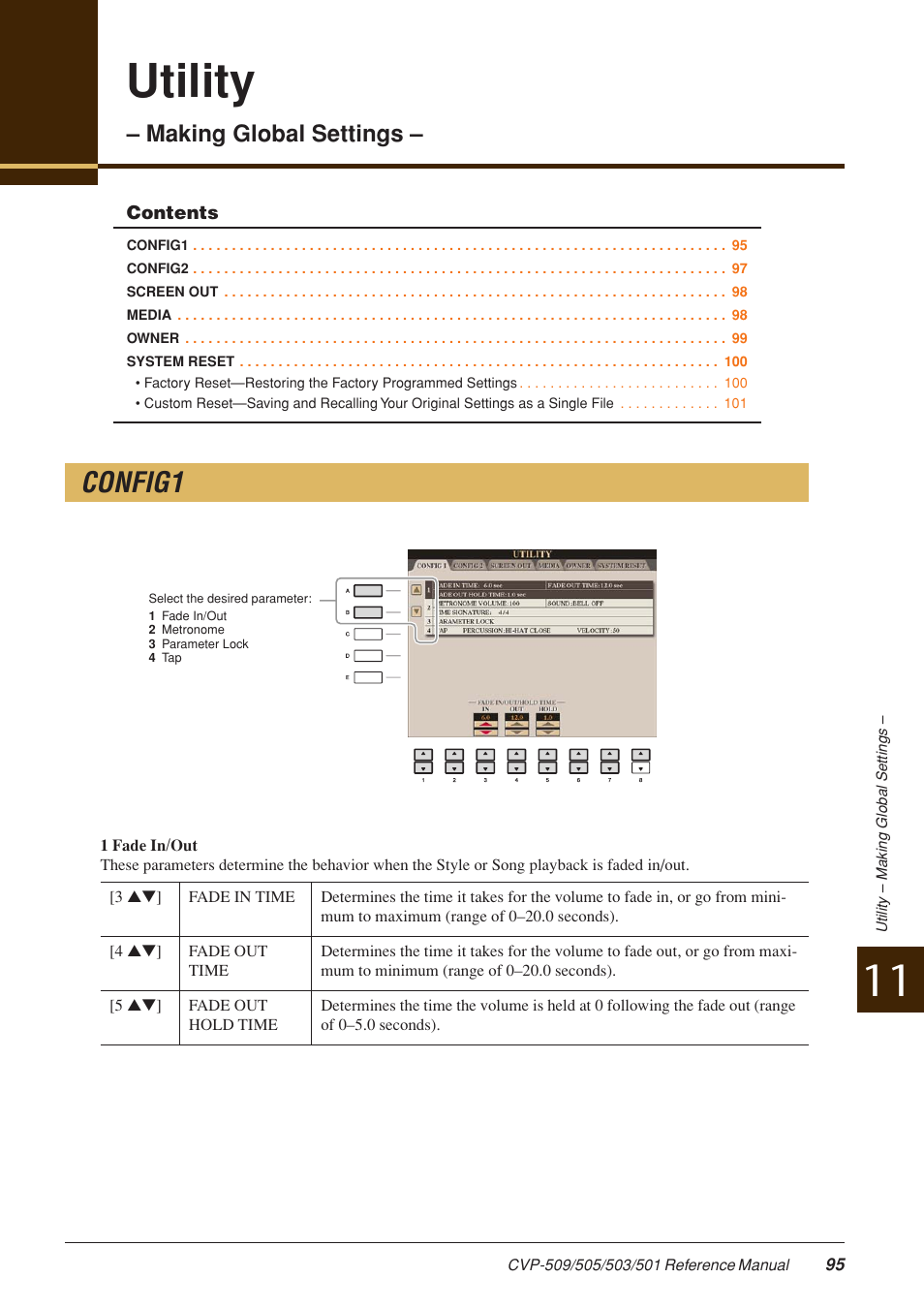 Utility - making global settings, Config1, Utility | Making global settings | Yamaha CLAVINOVA CVP-509 User Manual | Page 95 / 104