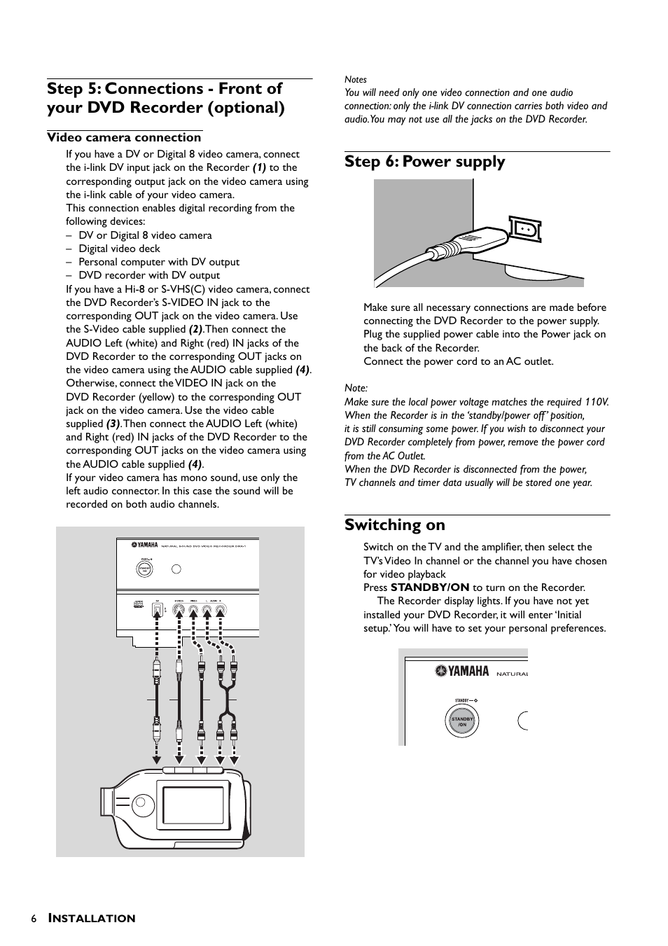 Video camera connection, Step 6: power supply, Switching on | Yamaha DRX-1  EN User Manual | Page 10 / 56
