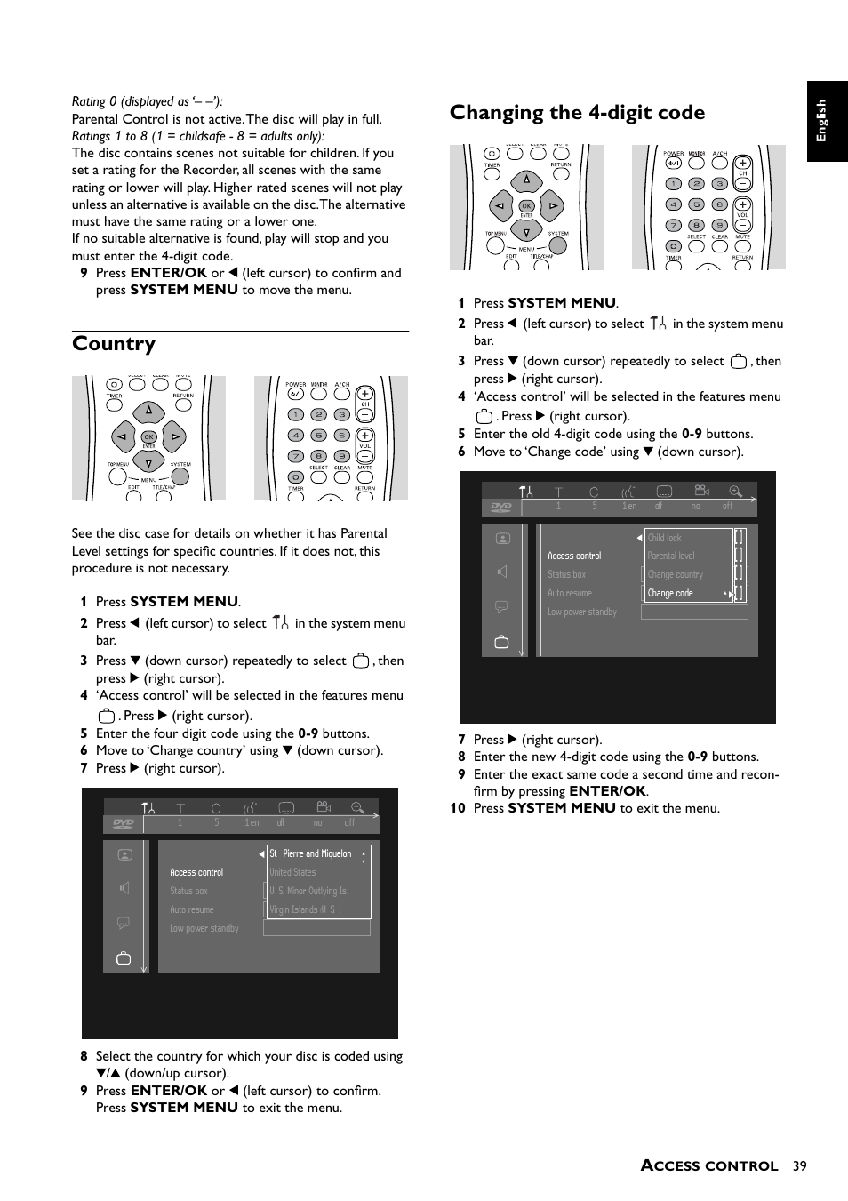 Country, Changing the 4-digit code, Country changing the 4-digit code | Yamaha DRX-1  EN User Manual | Page 43 / 56