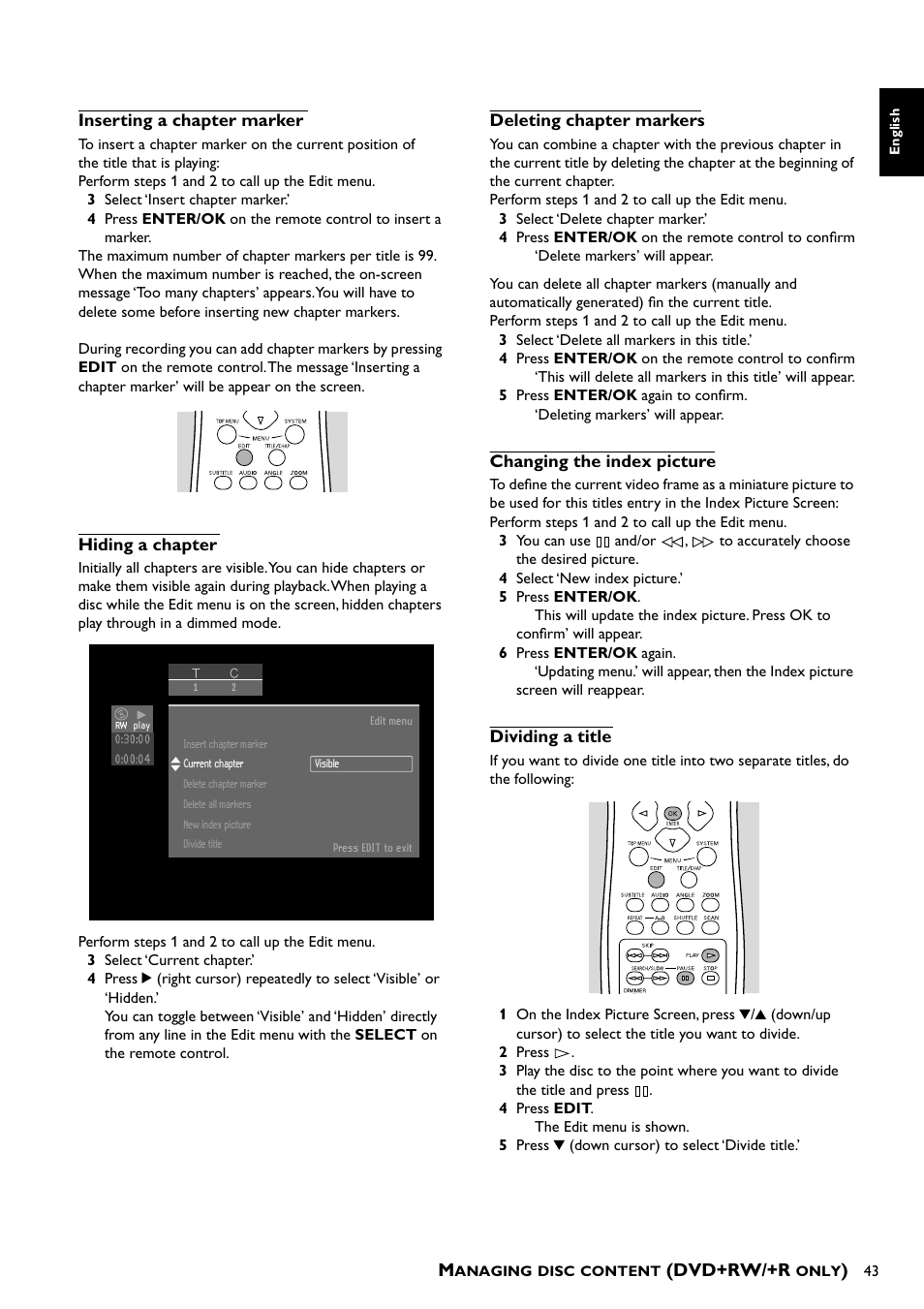 Inserting a chapter marker, Hiding a chapter, Deleting chapter markers | Changing the index picture, Dividing a title, Dvd+rw/+r | Yamaha DRX-1  EN User Manual | Page 47 / 56