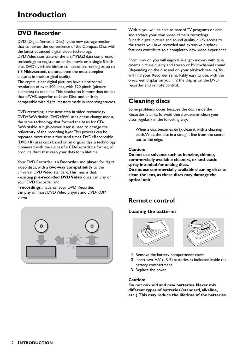 Introduction, Dvd recorder, Cleaning discs | Remote control, Loading the batteries, Dvd recorder cleaning discs remote control | Yamaha DRX-1  EN User Manual | Page 6 / 56