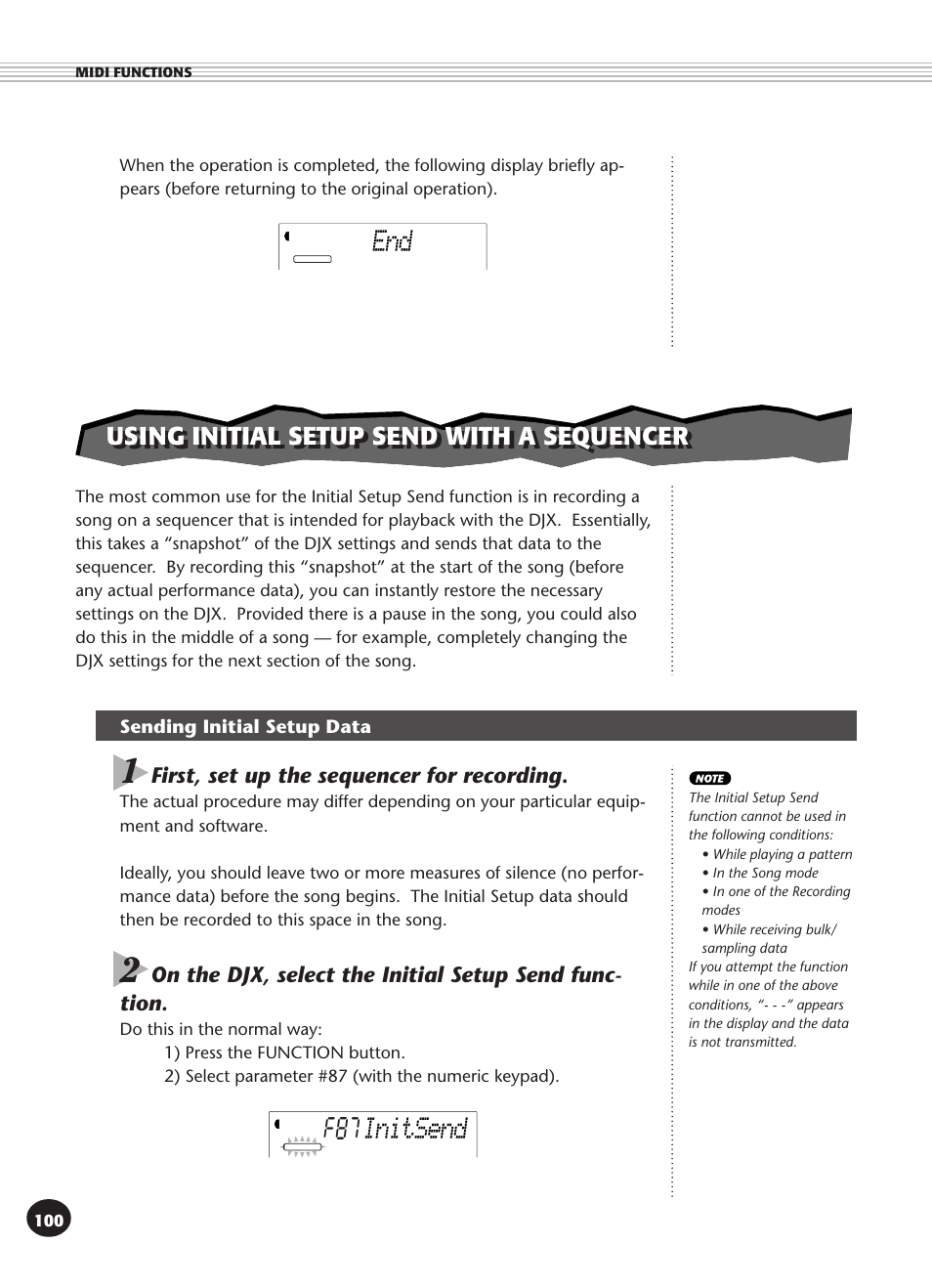 Using initial setup send with a sequencer, Sending initial setup data, Initsend | Yamaha DJX User Manual | Page 100 / 120