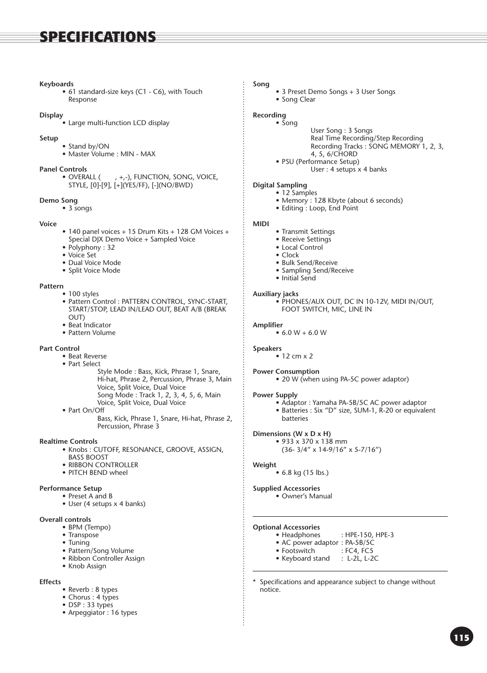 Specifications | Yamaha DJX User Manual | Page 115 / 120