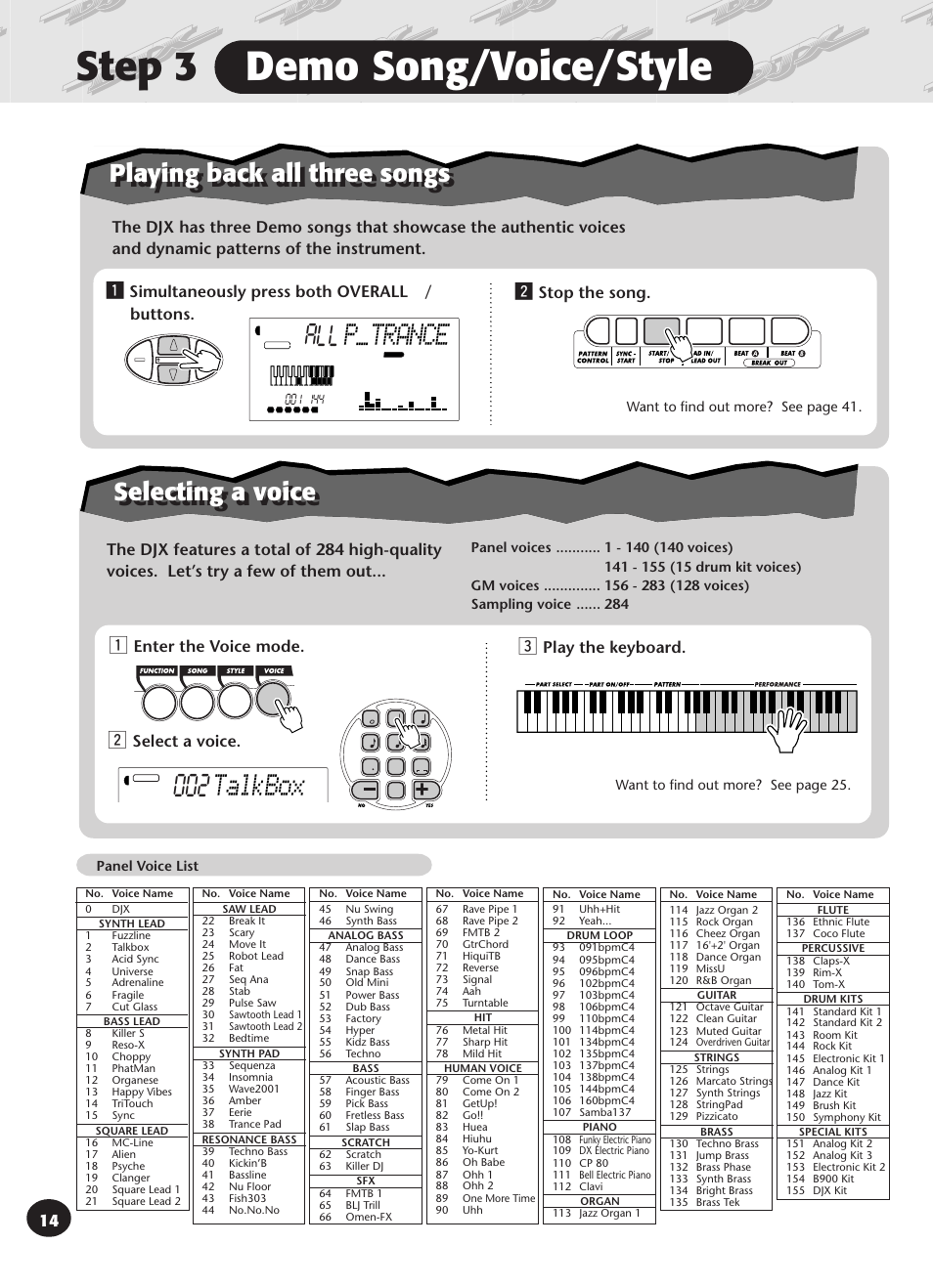 Step 3 demo song/voice/style, P_trance, Talkbox | Playing back all three songs, Stop the song, Enter the voice mode, Select a voice, Play the keyboard | Yamaha DJX User Manual | Page 14 / 120