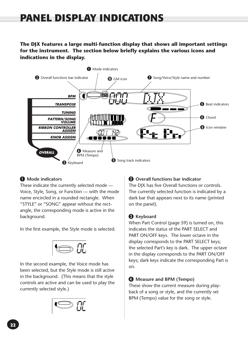Panel display indications, Panel display indications 22 | Yamaha DJX User Manual | Page 22 / 120