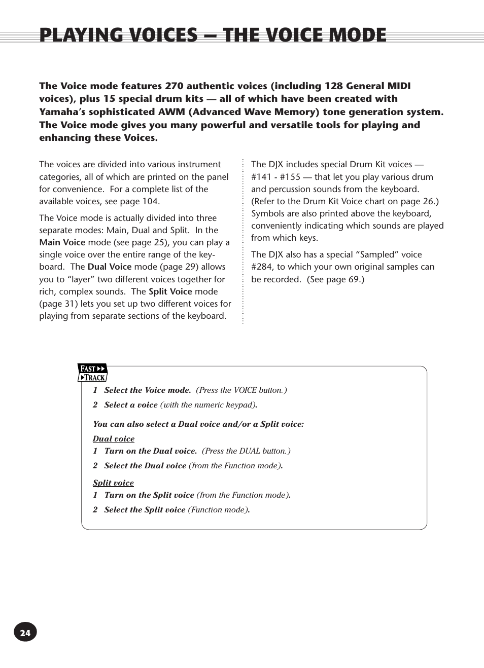 Playing voices — the voice mode | Yamaha DJX User Manual | Page 24 / 120