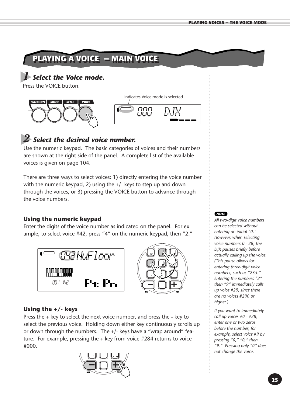 Playing a voice — main voice, Nufloor, Dd djx | Select the desired voice number, Select the voice mode, Using the +/- keys, Using the numeric keypad | Yamaha DJX User Manual | Page 25 / 120