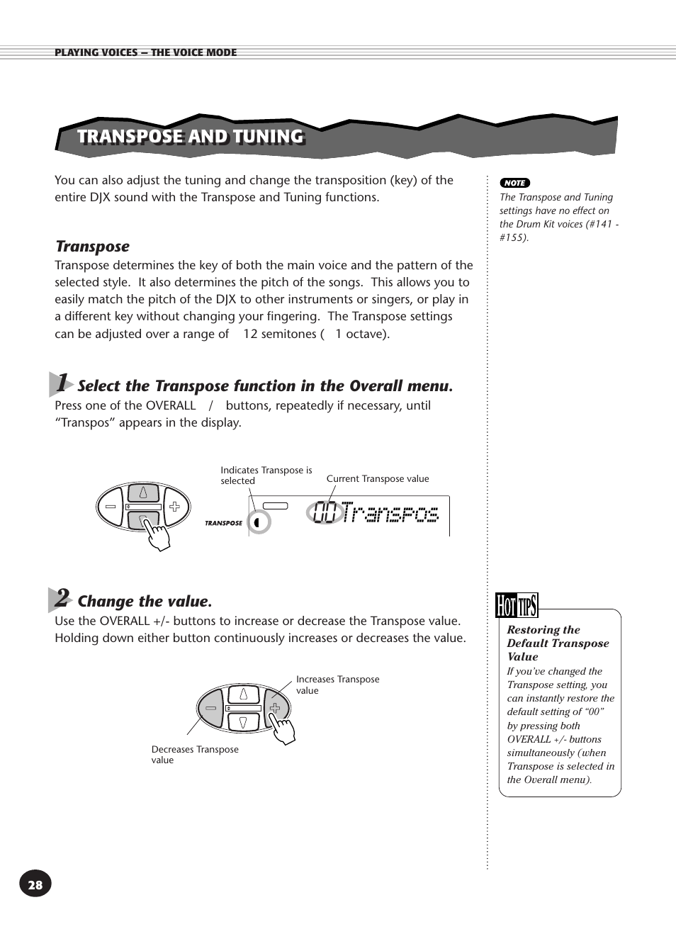 Transpose and tuning, Transpose, Transpos | Select the transpose function in the overall menu, Change the value | Yamaha DJX User Manual | Page 28 / 120