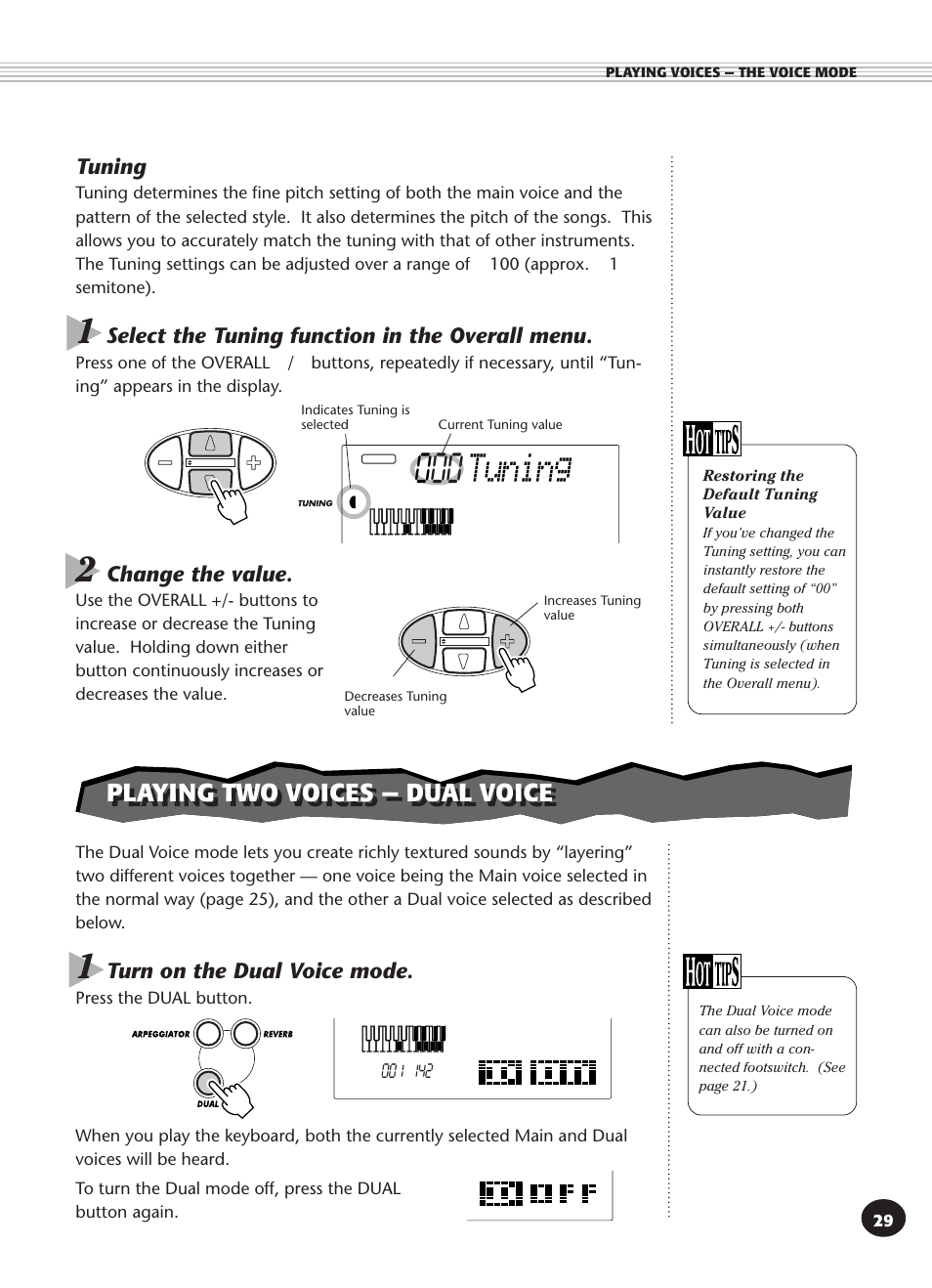 Tuning, Playing two voices — dual voice | Yamaha DJX User Manual | Page 29 / 120