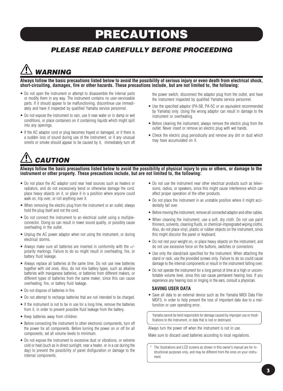 Precautions, Please read carefully before proceeding, Caution | Warning | Yamaha DJX User Manual | Page 3 / 120