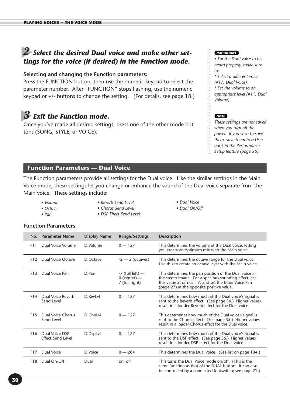 Function parameters — dual voice, Exit the function mode | Yamaha DJX User Manual | Page 30 / 120