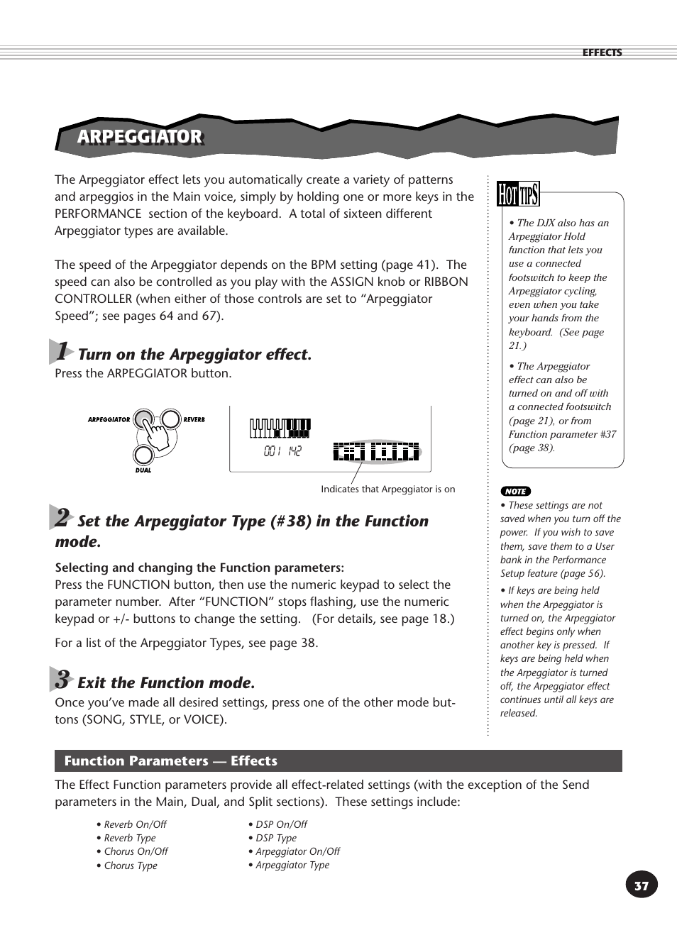 Arpeggiator, Function parameters — effects | Yamaha DJX User Manual | Page 37 / 120