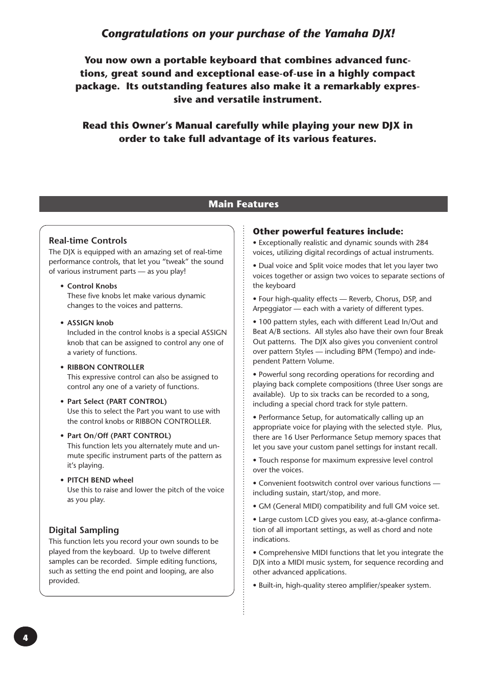 Congratulations, Main features | Yamaha DJX User Manual | Page 4 / 120
