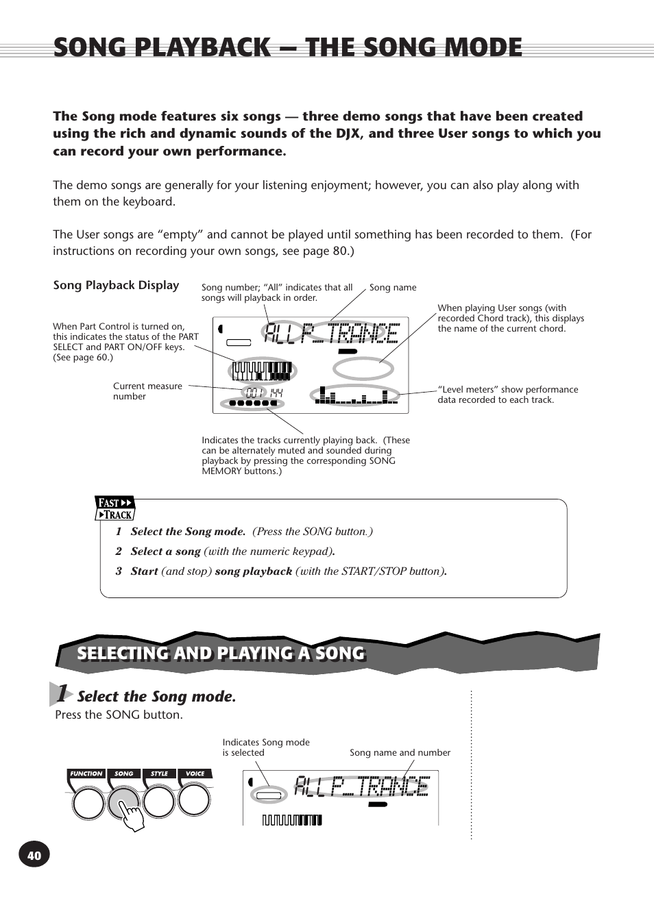 Song playback — the song mode, Selecting and playing a song, P_trance | Select the song mode | Yamaha DJX User Manual | Page 40 / 120