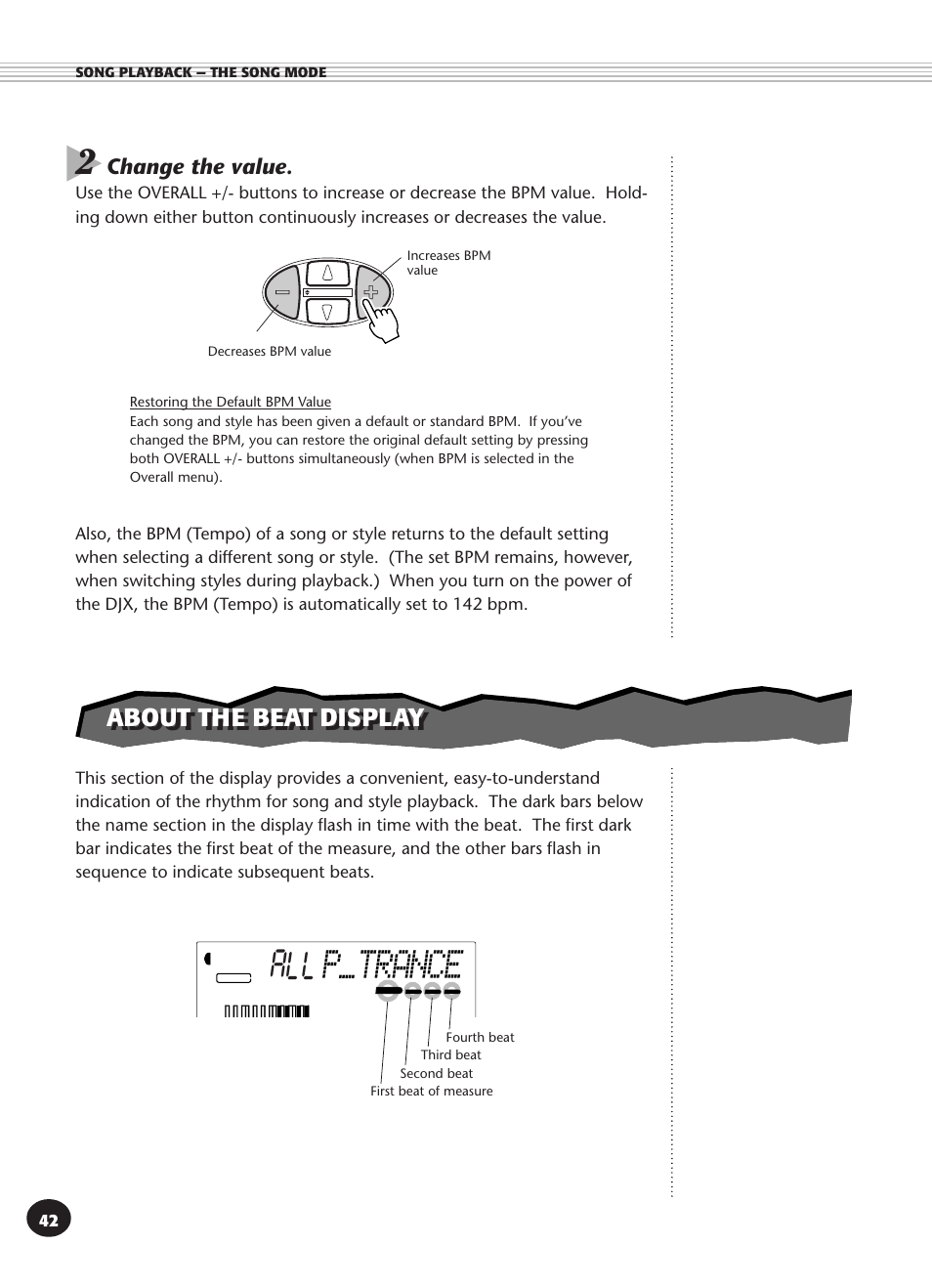 About the beat display, P_trance, Change the value | Yamaha DJX User Manual | Page 42 / 120