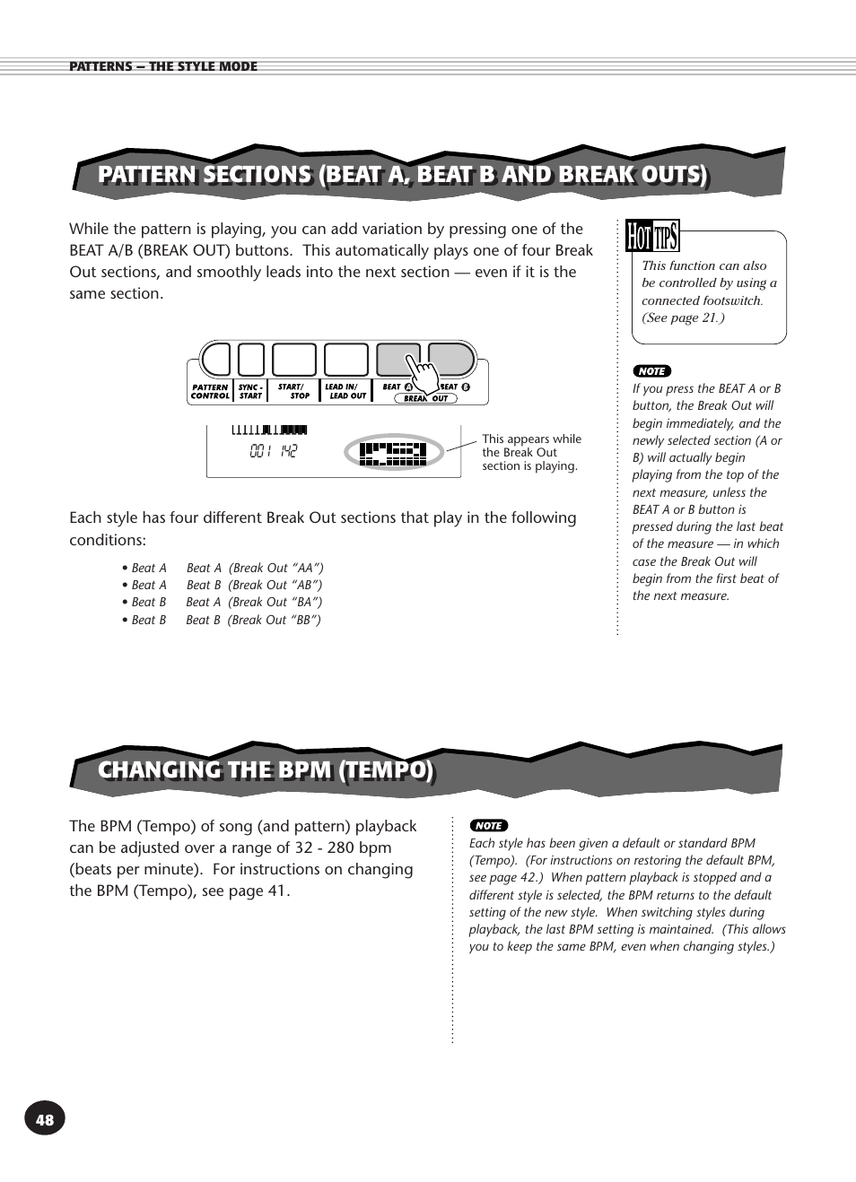 Pattern sections (beat a, beat b and break outs), Changing the bpm (tempo) | Yamaha DJX User Manual | Page 48 / 120