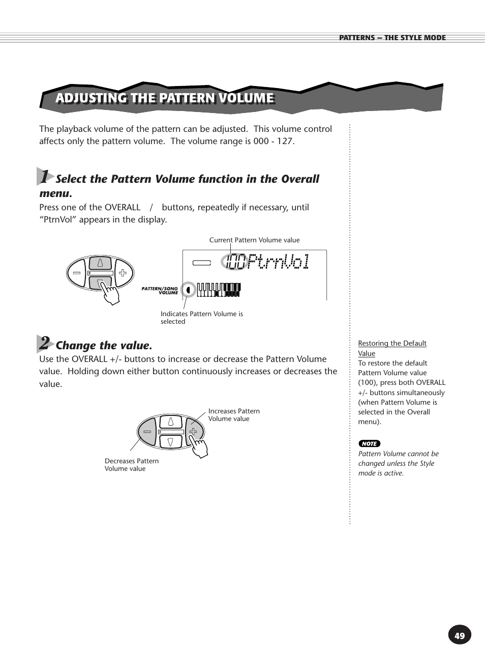 Adjusting the pattern volume, Ptrnvol | Yamaha DJX User Manual | Page 49 / 120