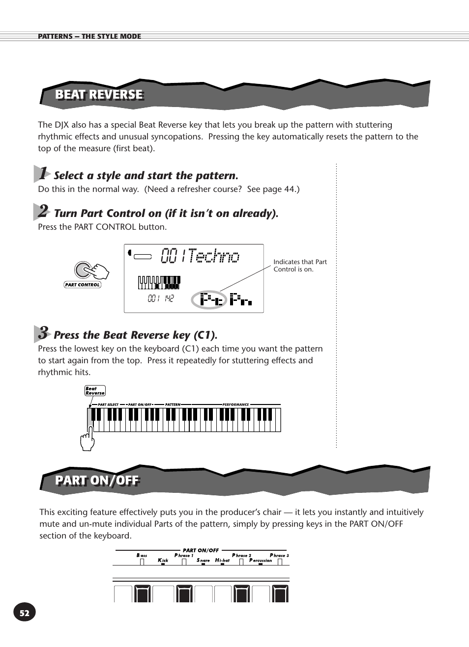 Beat reverse, Part on/off, Techno | Yamaha DJX User Manual | Page 52 / 120