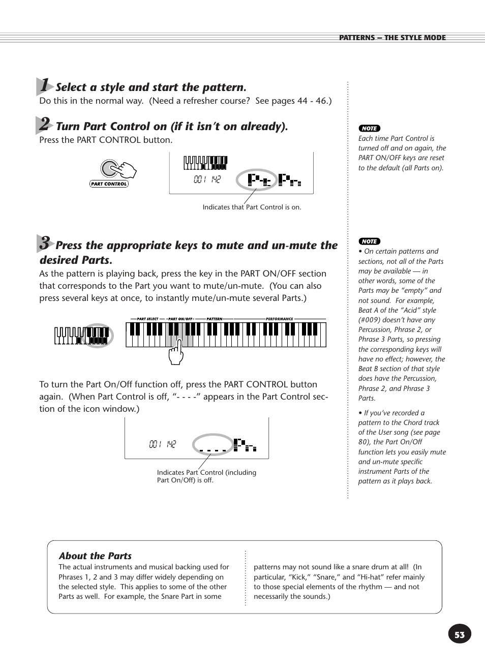 About the parts, Select a style and start the pattern, Turn part control on (if it isn’t on already) | Yamaha DJX User Manual | Page 53 / 120