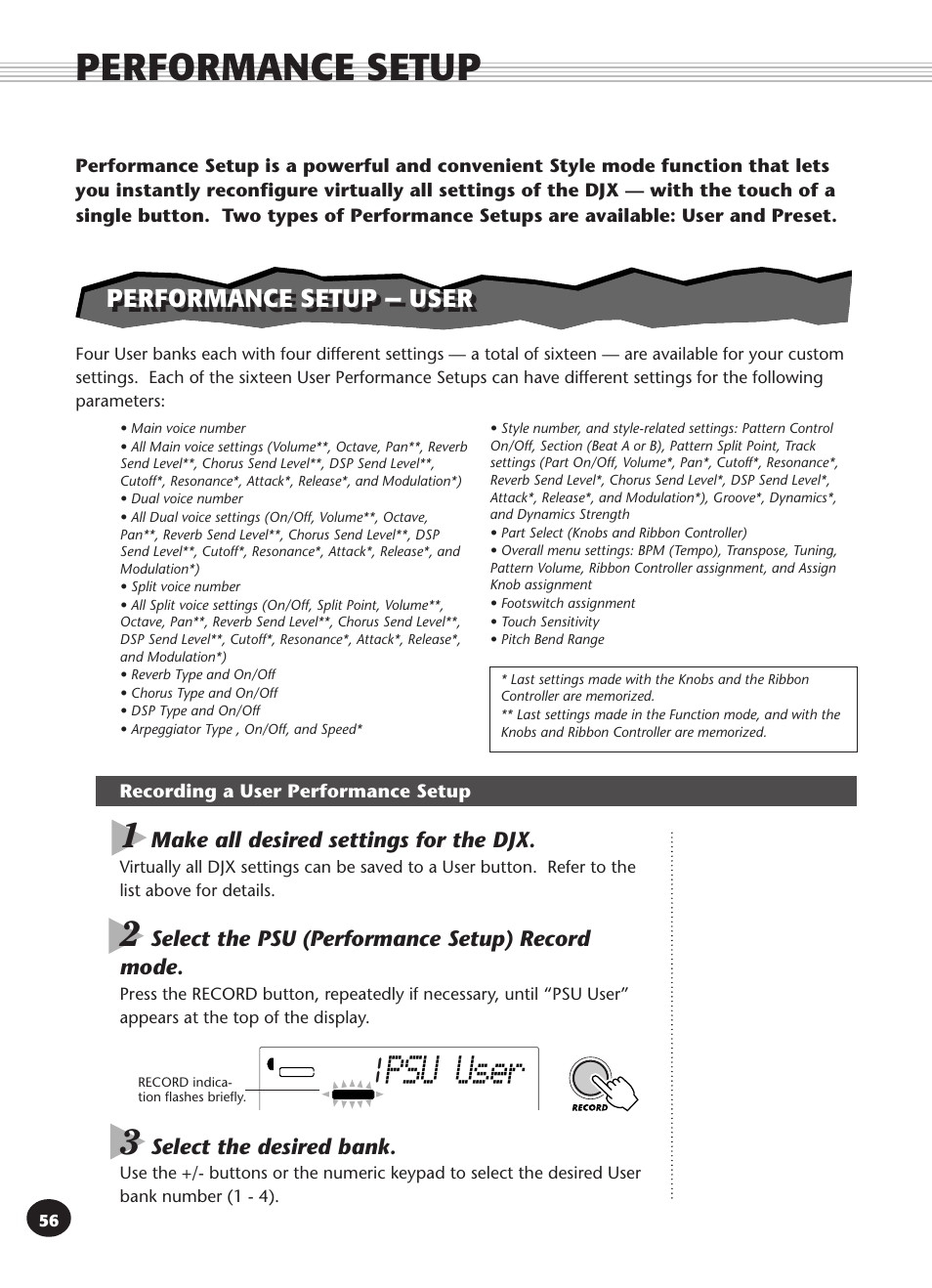 Performance setup, Performance setup — user, Recording a user performance setup | Psu 1 user | Yamaha DJX User Manual | Page 56 / 120