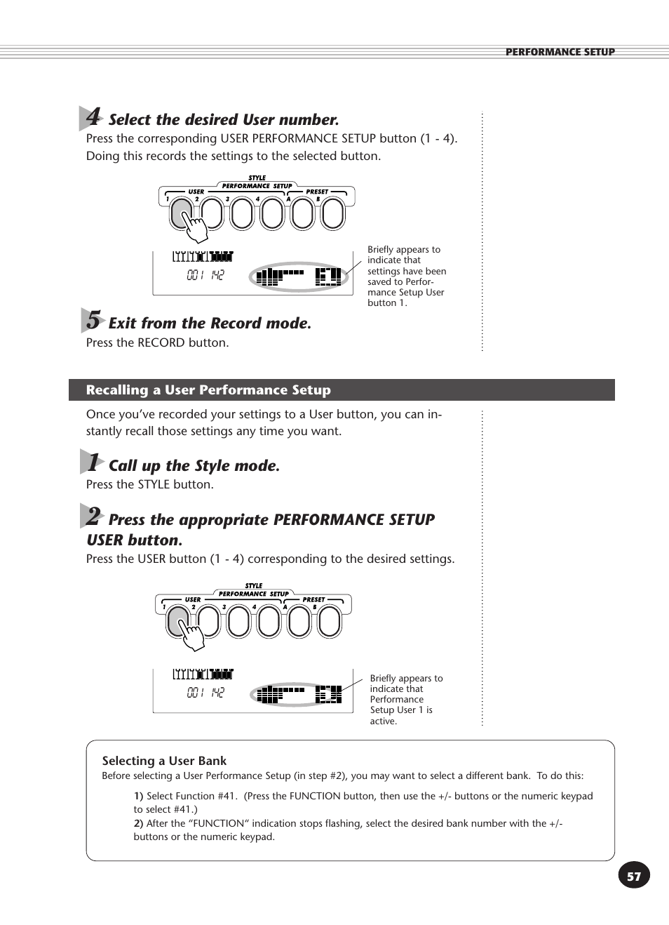 Recalling a user performance setup, Selecting a user bank | Yamaha DJX User Manual | Page 57 / 120