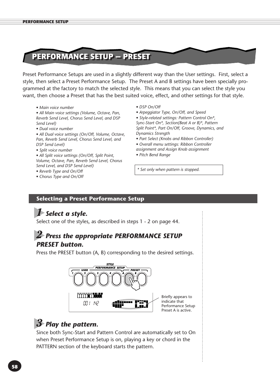 Performance setup — preset, Selecting a preset performance setup | Yamaha DJX User Manual | Page 58 / 120
