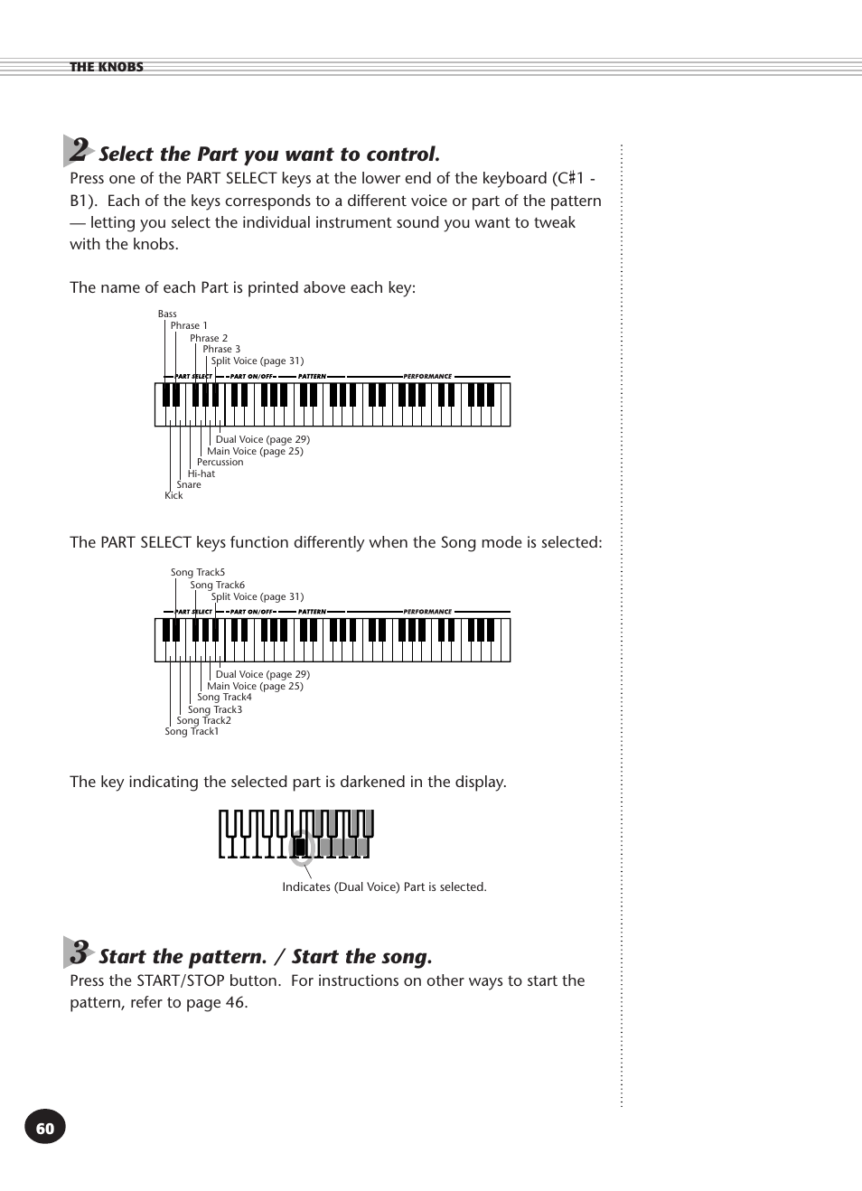 Select the part you want to control, Start the pattern. / start the song | Yamaha DJX User Manual | Page 60 / 120