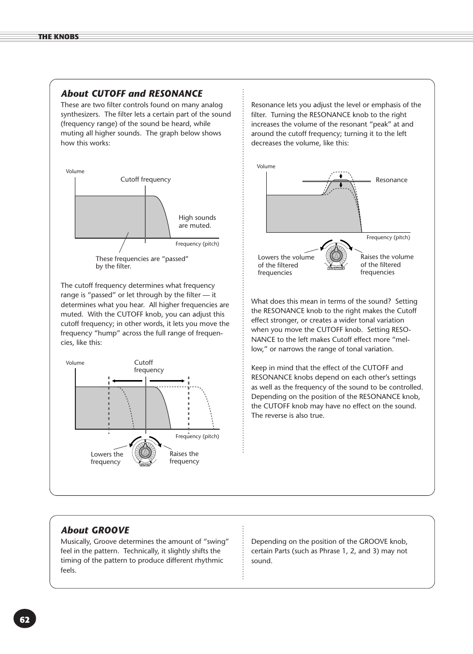 About cutoff and resonance, About groove, About cutoff and | Resonance | Yamaha DJX User Manual | Page 62 / 120