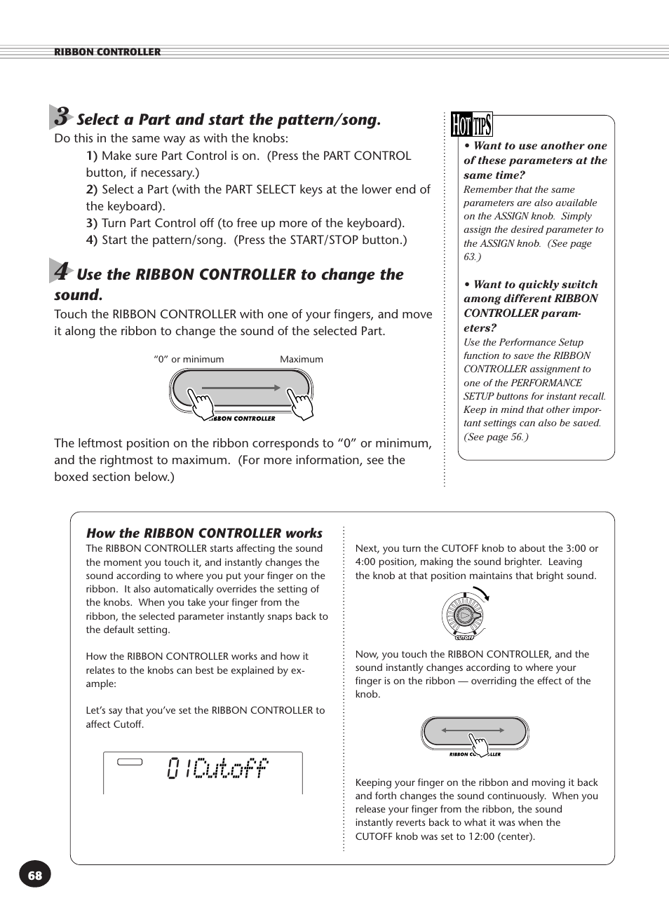 How the ribbon controller works, How the ribbon controller, Works | Cutoff, Select a part and start the pattern/song, Use the ribbon controller to change the sound | Yamaha DJX User Manual | Page 68 / 120