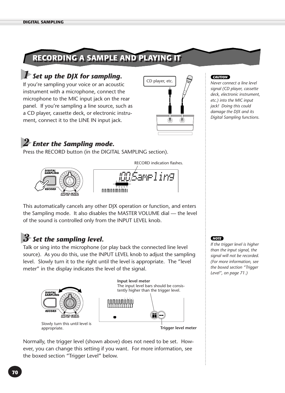 Recording a sample and playing it, Sampling | Yamaha DJX User Manual | Page 70 / 120