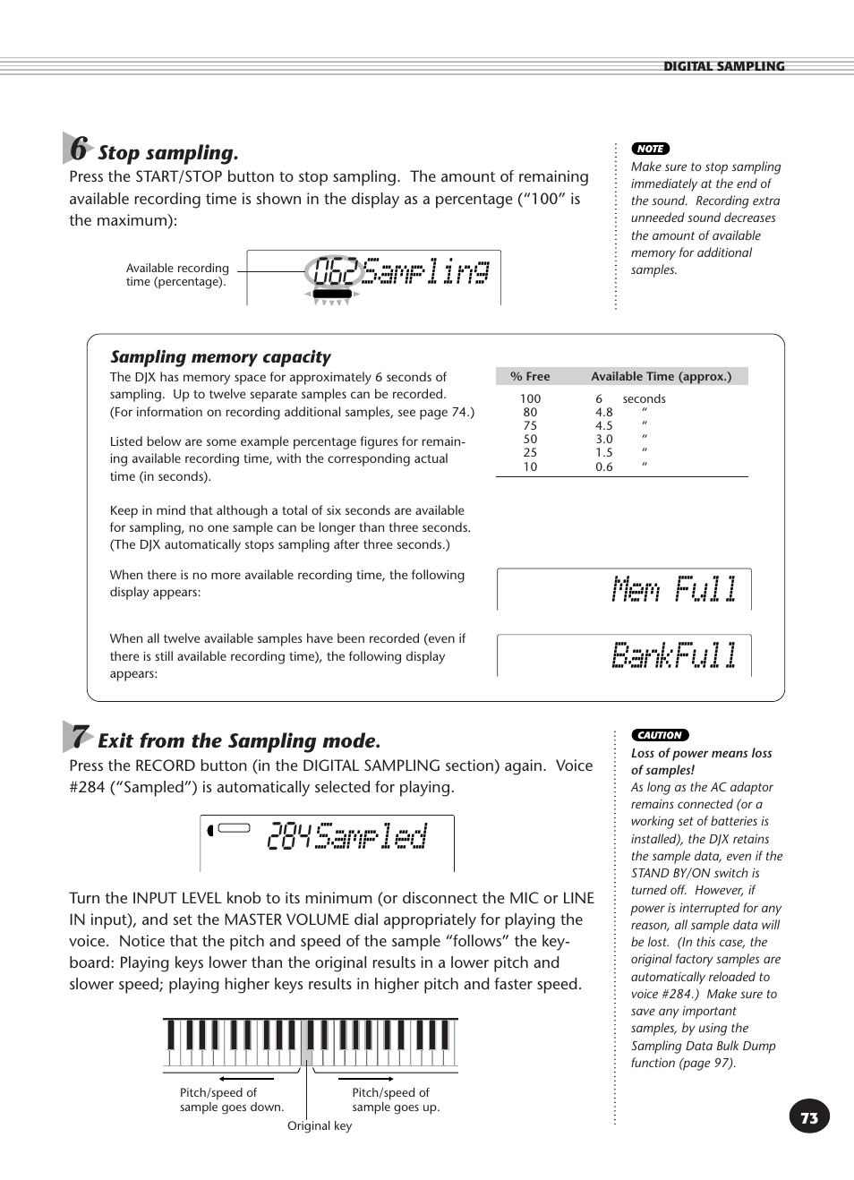 Sampling memory capacity, 284 sampled, Sampling | Mem full bankfull, Stop sampling, Exit from the sampling mode | Yamaha DJX User Manual | Page 73 / 120