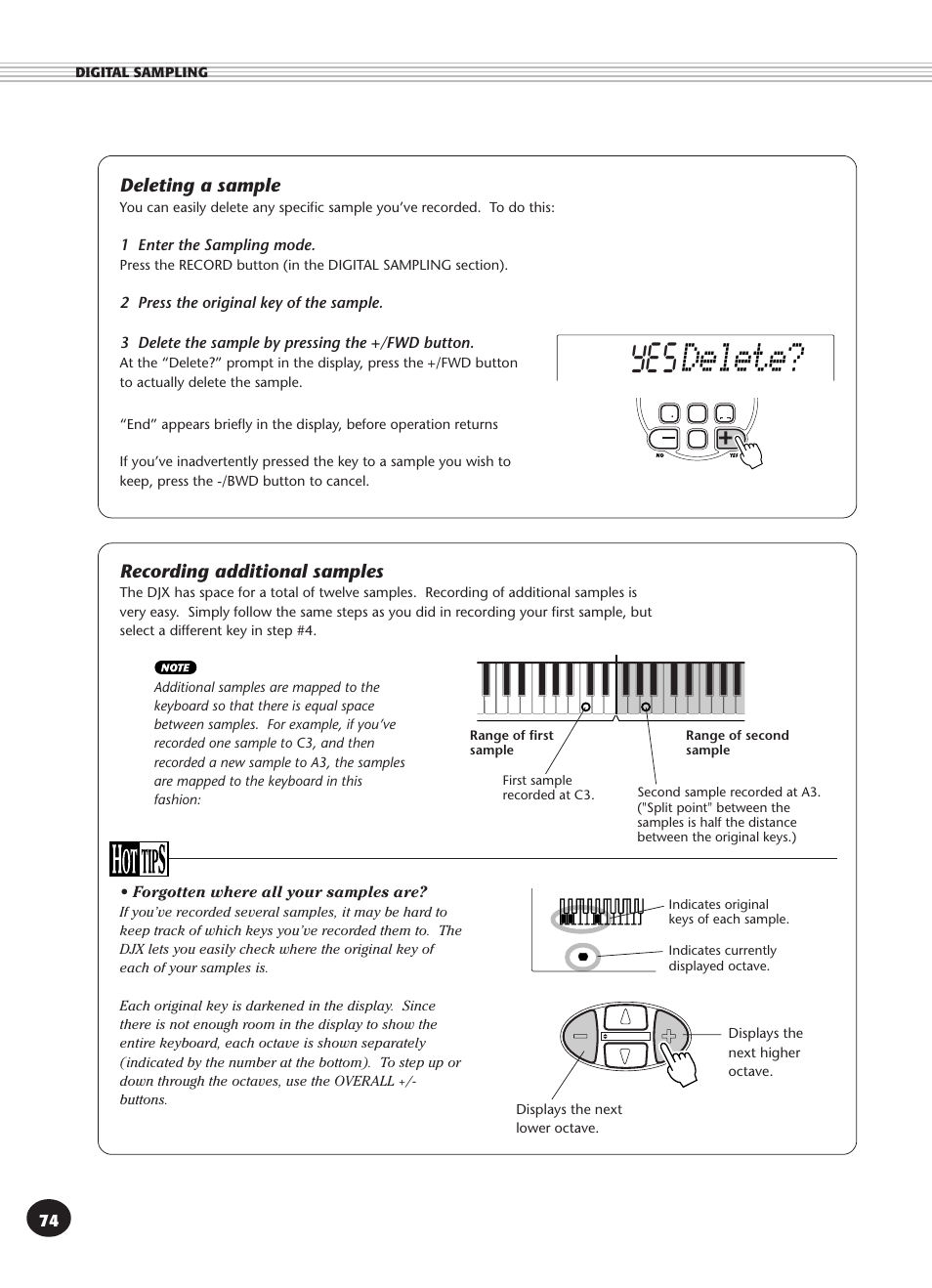 Deleting a sample, Recording additional samples, Deleting a sample • recording additional samples | Delete | Yamaha DJX User Manual | Page 74 / 120