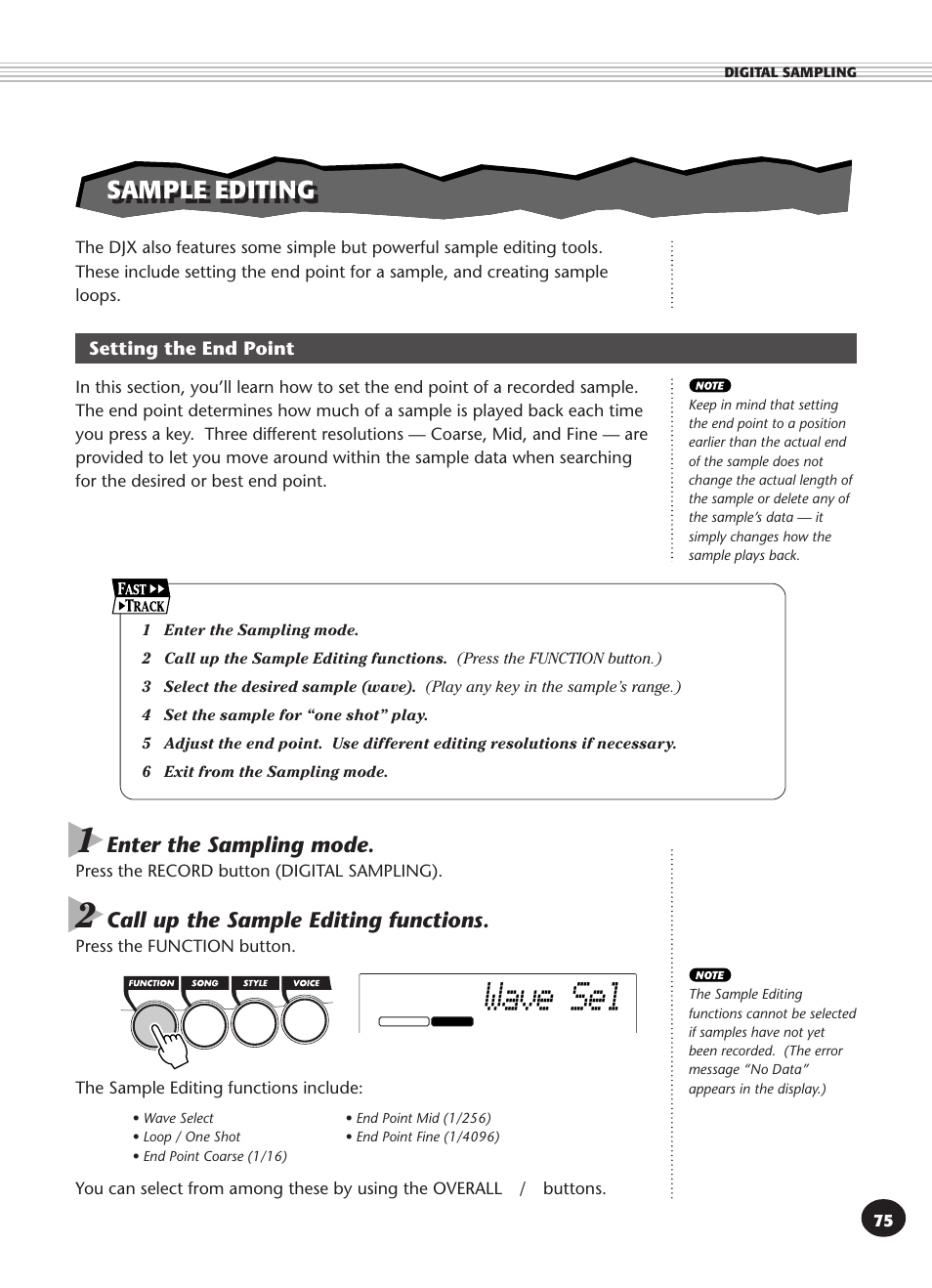 Sample editing, Setting the end point, Wave sel | Yamaha DJX User Manual | Page 75 / 120