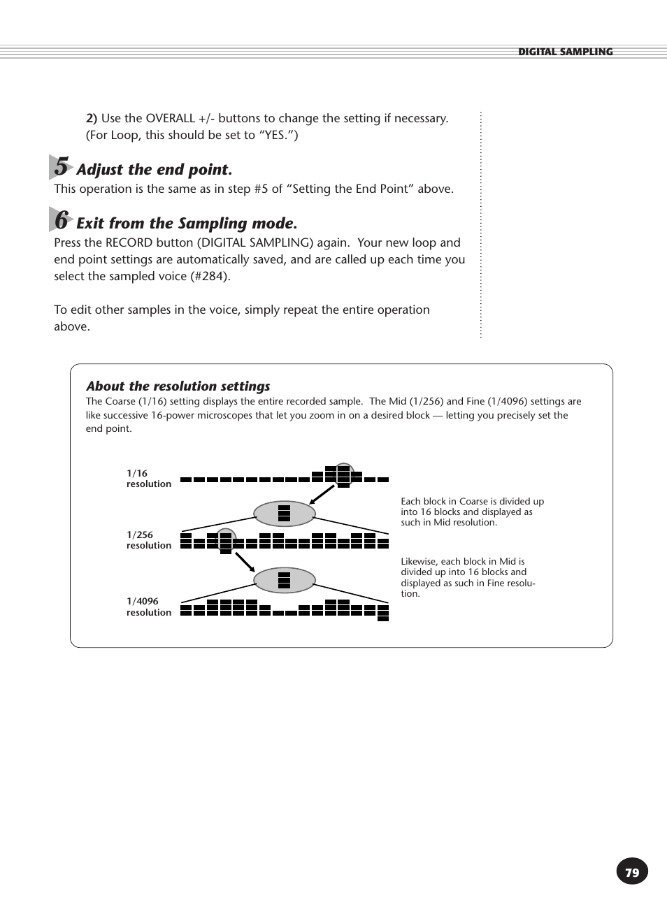 About the resolution settings, Adjust the end point, Exit from the sampling mode | Yamaha DJX User Manual | Page 79 / 120